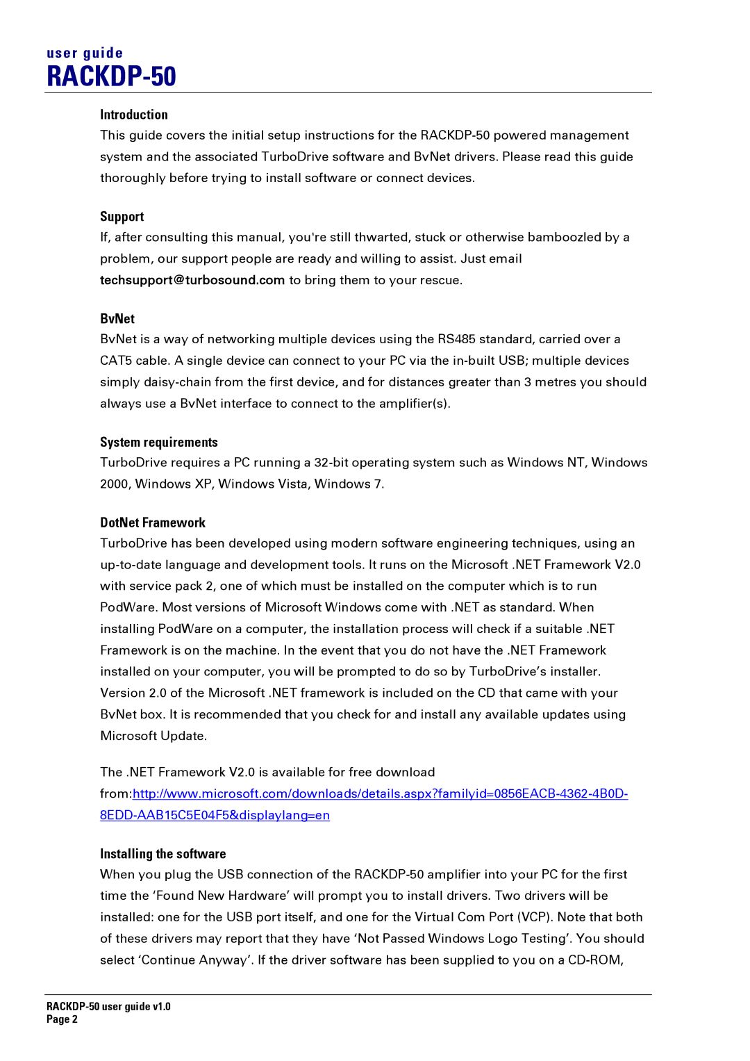 Turbosound RACKDP-50 manual Introduction, Support BvNet, System requirements, DotNet Framework, Installing the software 