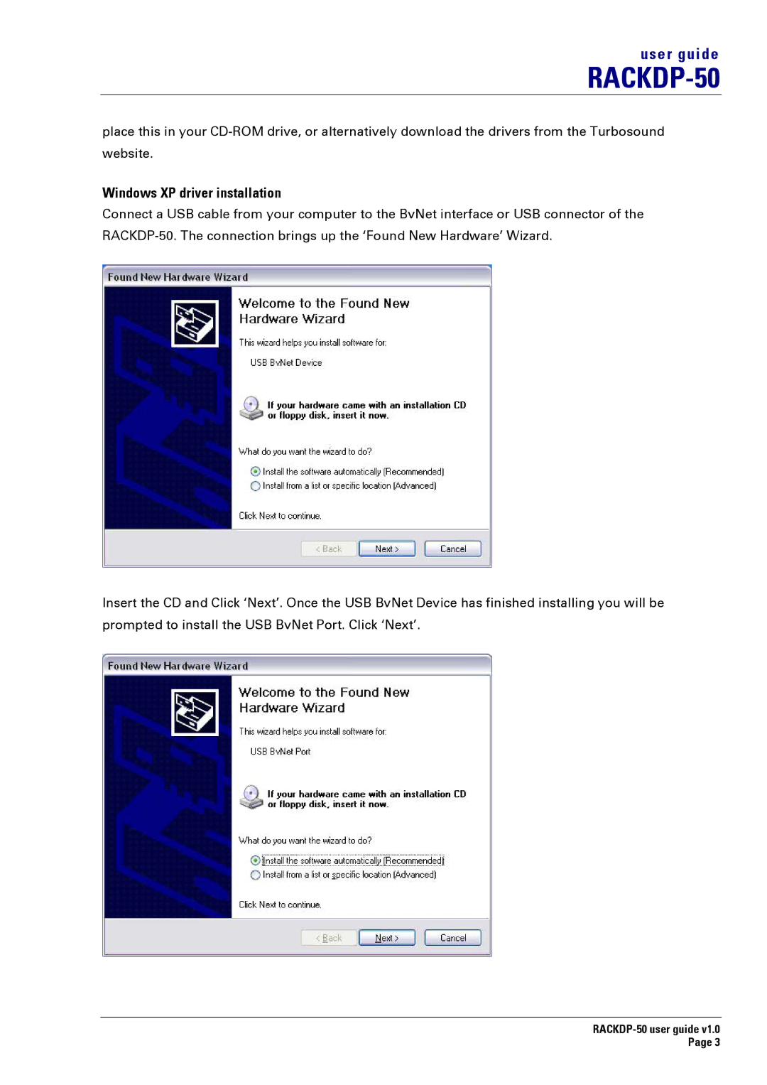 Turbosound RACKDP-50 manual Windows XP driver installation 