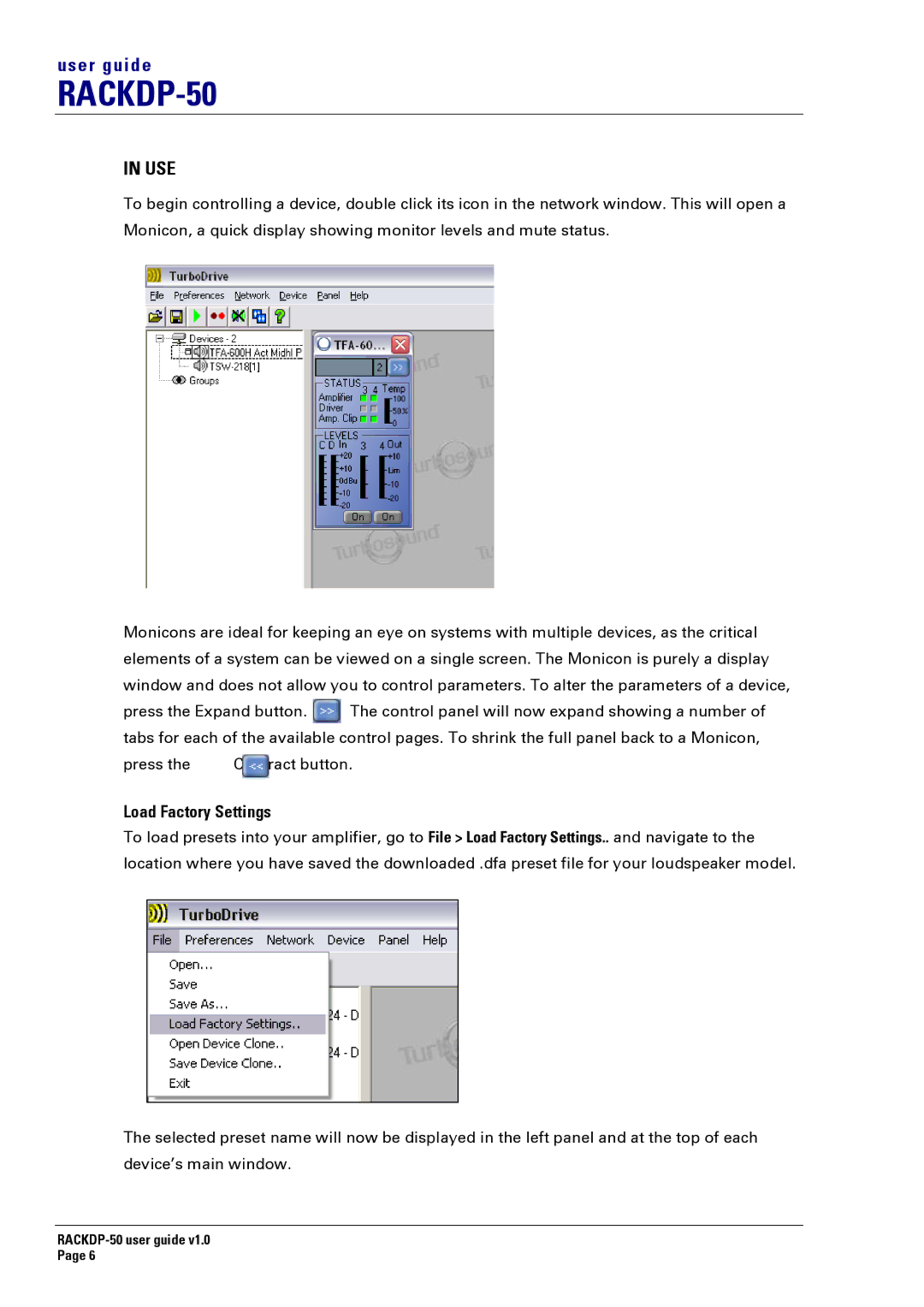 Turbosound RACKDP-50 manual Use, Load Factory Settings 