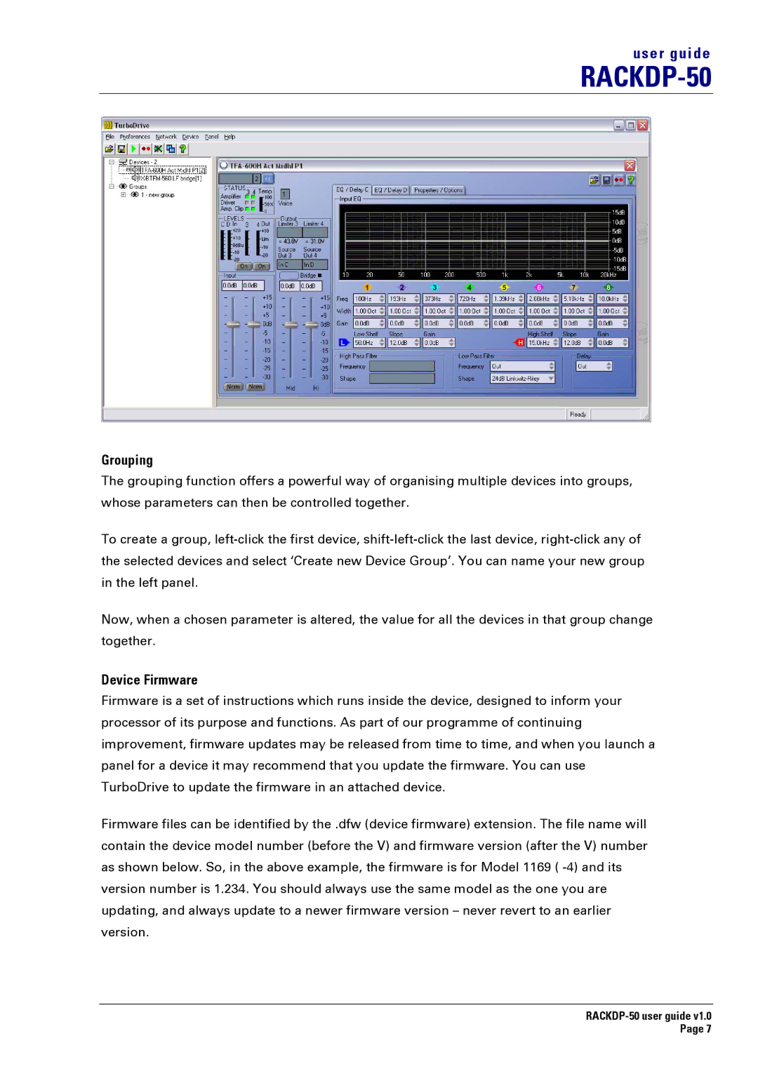 Turbosound RACKDP-50 manual Grouping, Device Firmware 