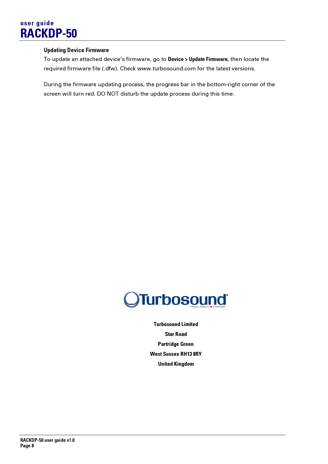 Turbosound RACKDP-50 manual Updating Device Firmware 