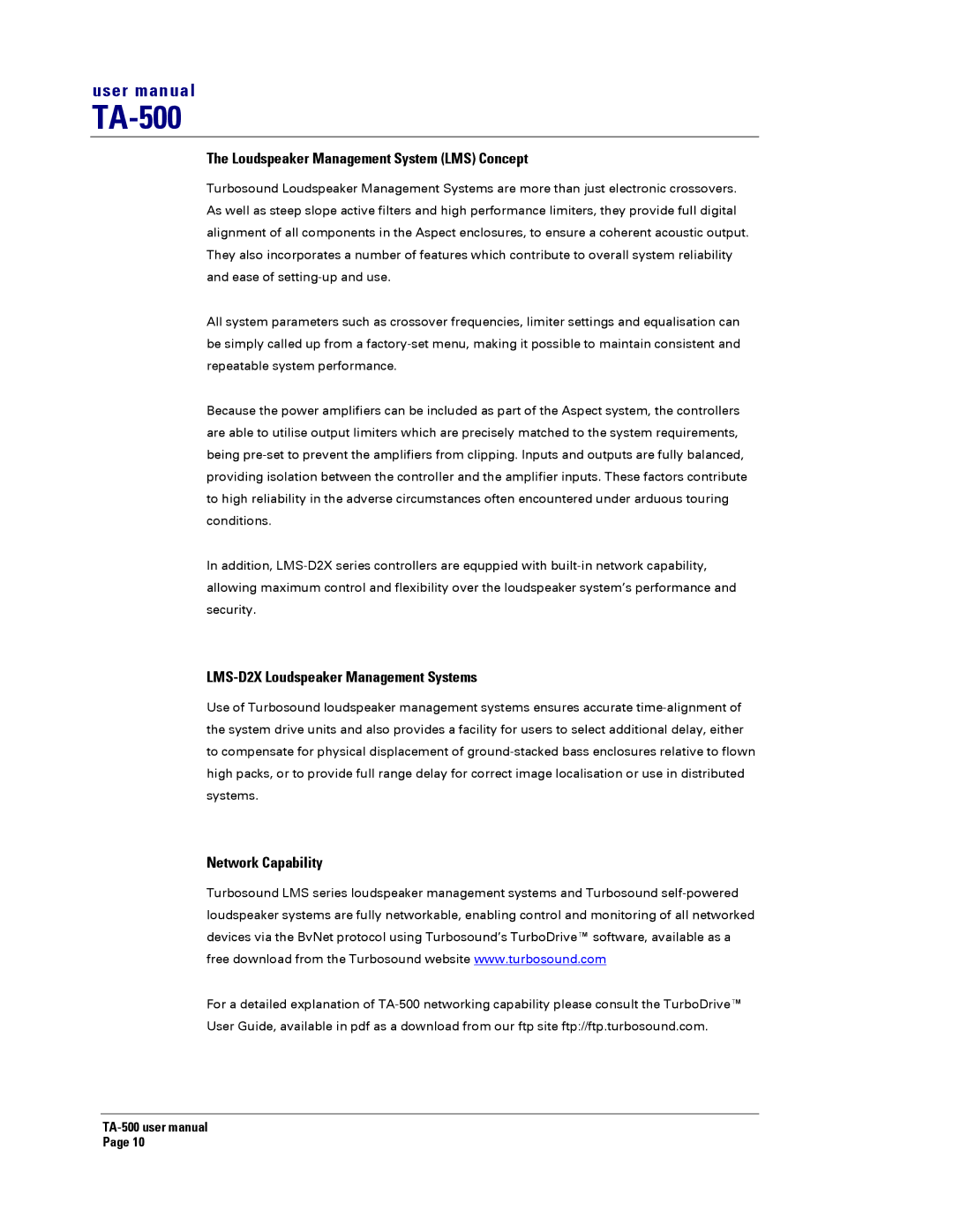 Turbosound TA-500H Loudspeaker Management System LMS Concept, LMS-D2X Loudspeaker Management Systems, Network Capability 