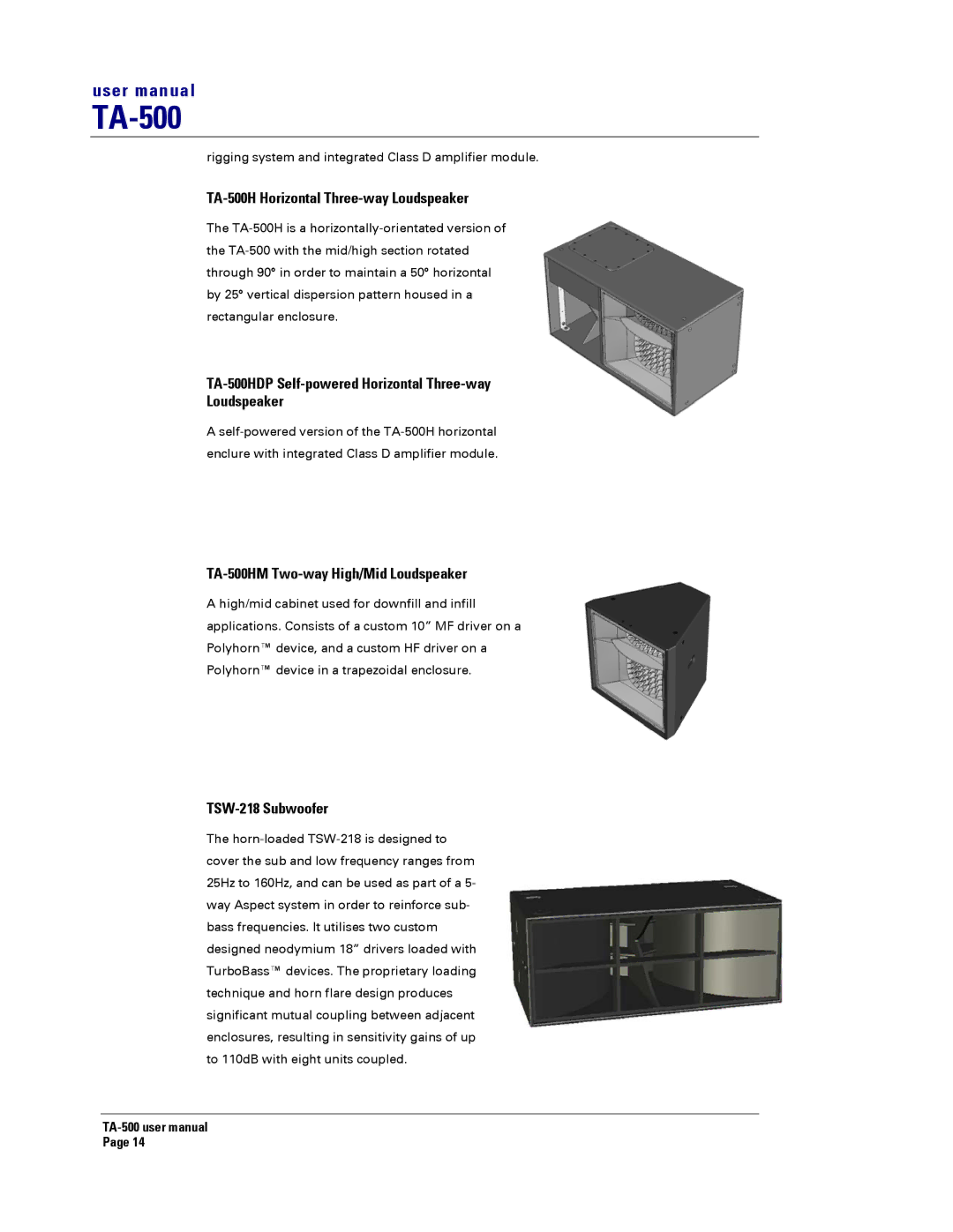 Turbosound TA-500TDP TA-500H Horizontal Three-way Loudspeaker, TA-500HDP Self-powered Horizontal Three-way Loudspeaker 