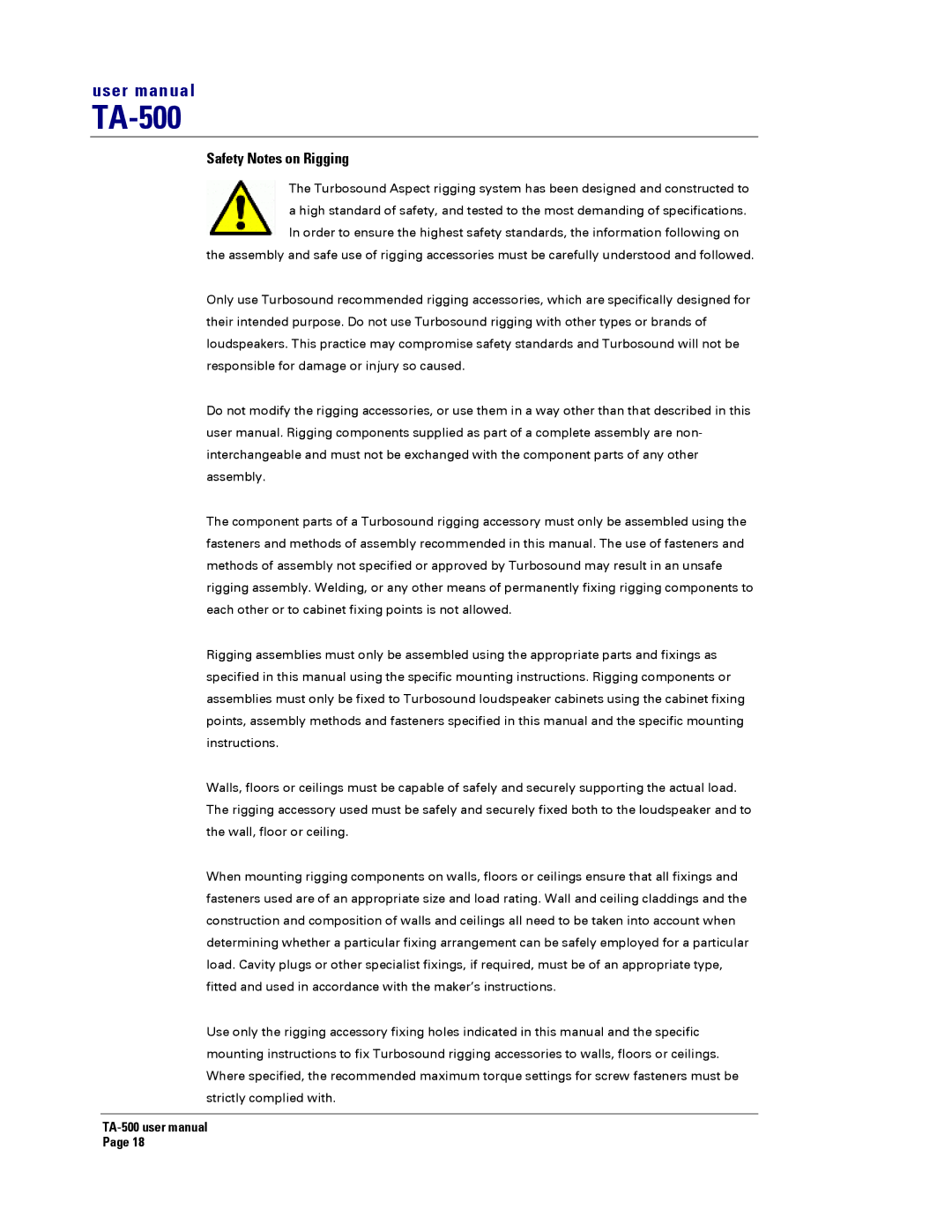 Turbosound TA-500TDP, TA-500HDP, TA-500DP, TA-500HM user manual Safety Notes on Rigging 