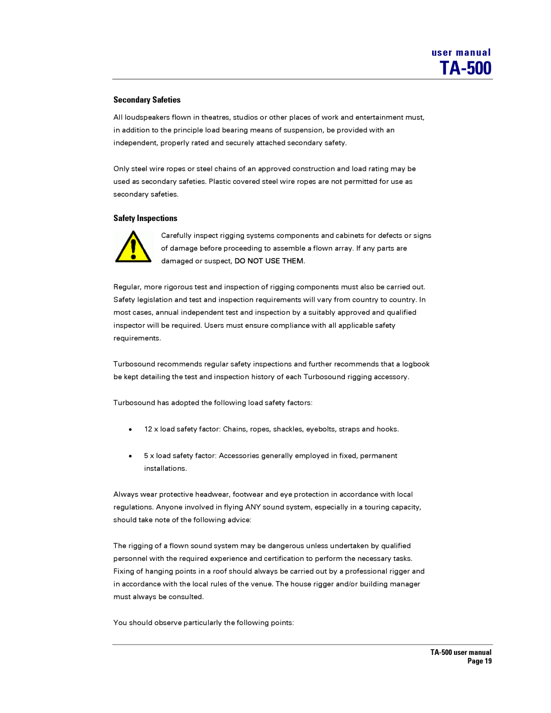 Turbosound TA-500DP, TA-500TDP, TA-500HDP, TA-500HM user manual Secondary Safeties, Safety Inspections 