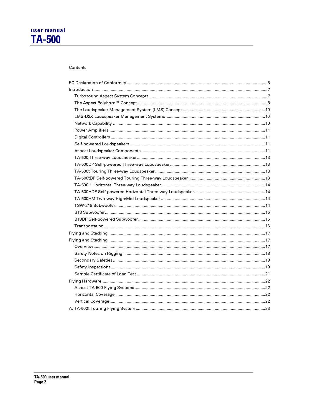 Turbosound TA-500HDP, TA-500TDP, TA-500DP, TA-500HM user manual 