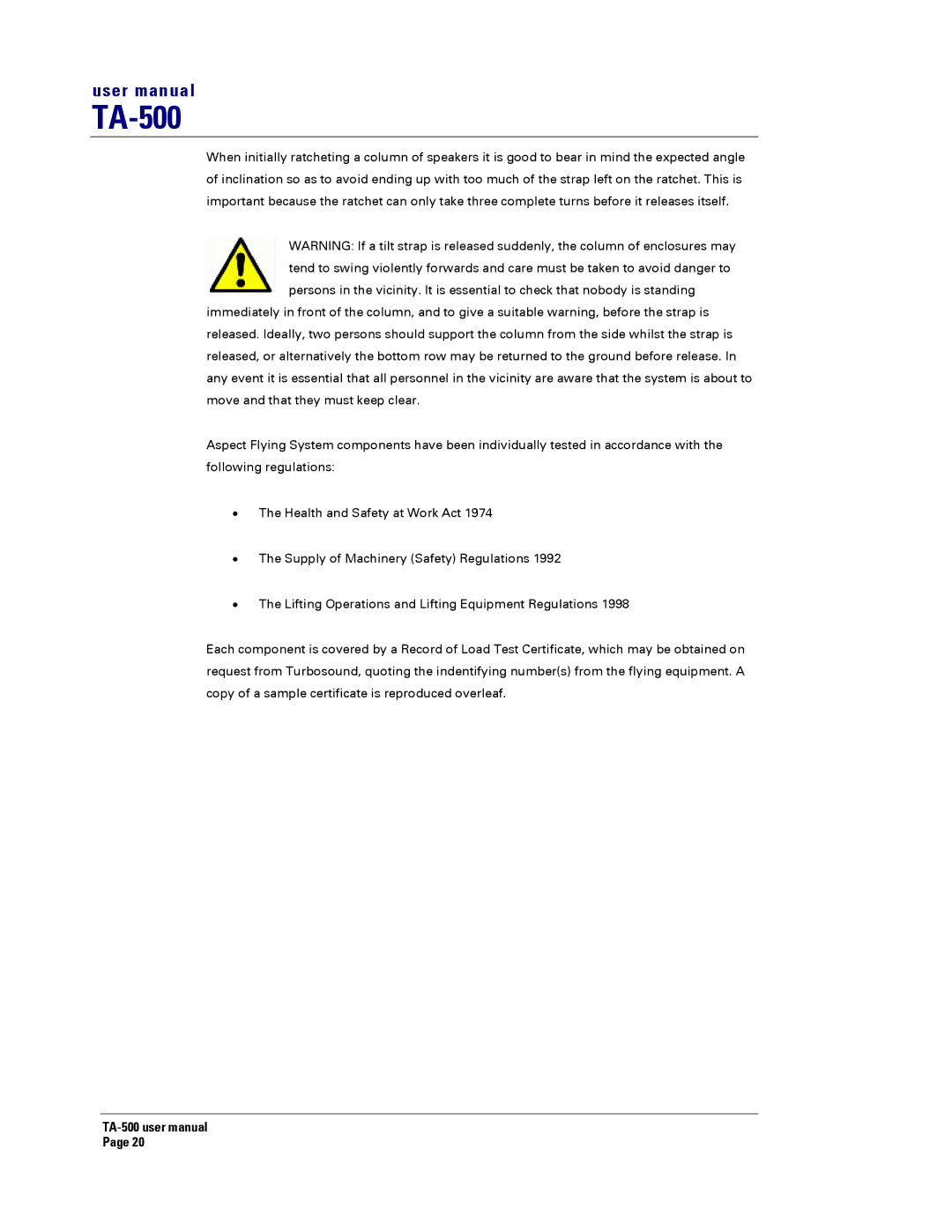 Turbosound TA-500HM, TA-500TDP, TA-500HDP, TA-500DP user manual 