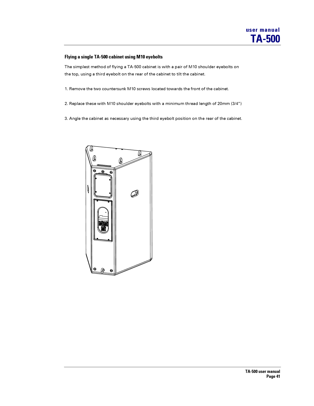 Turbosound TA-500HM, TA-500TDP, TA-500HDP, TA-500DP user manual Flying a single TA-500 cabinet using M10 eyebolts 