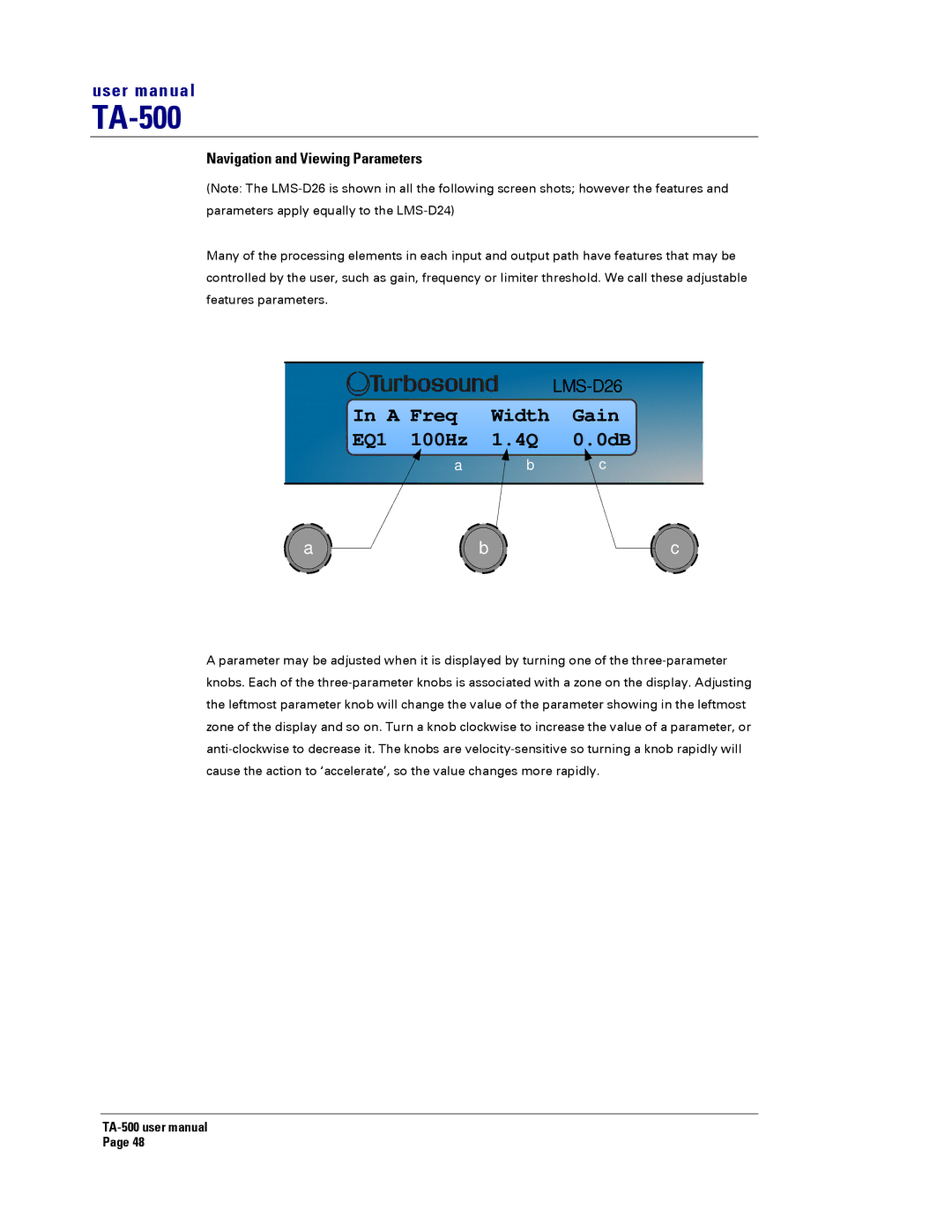 Turbosound TA-500HM, TA-500TDP, TA-500HDP, TA-500DP user manual EQ1 100Hz 0dB, Navigation and Viewing Parameters 