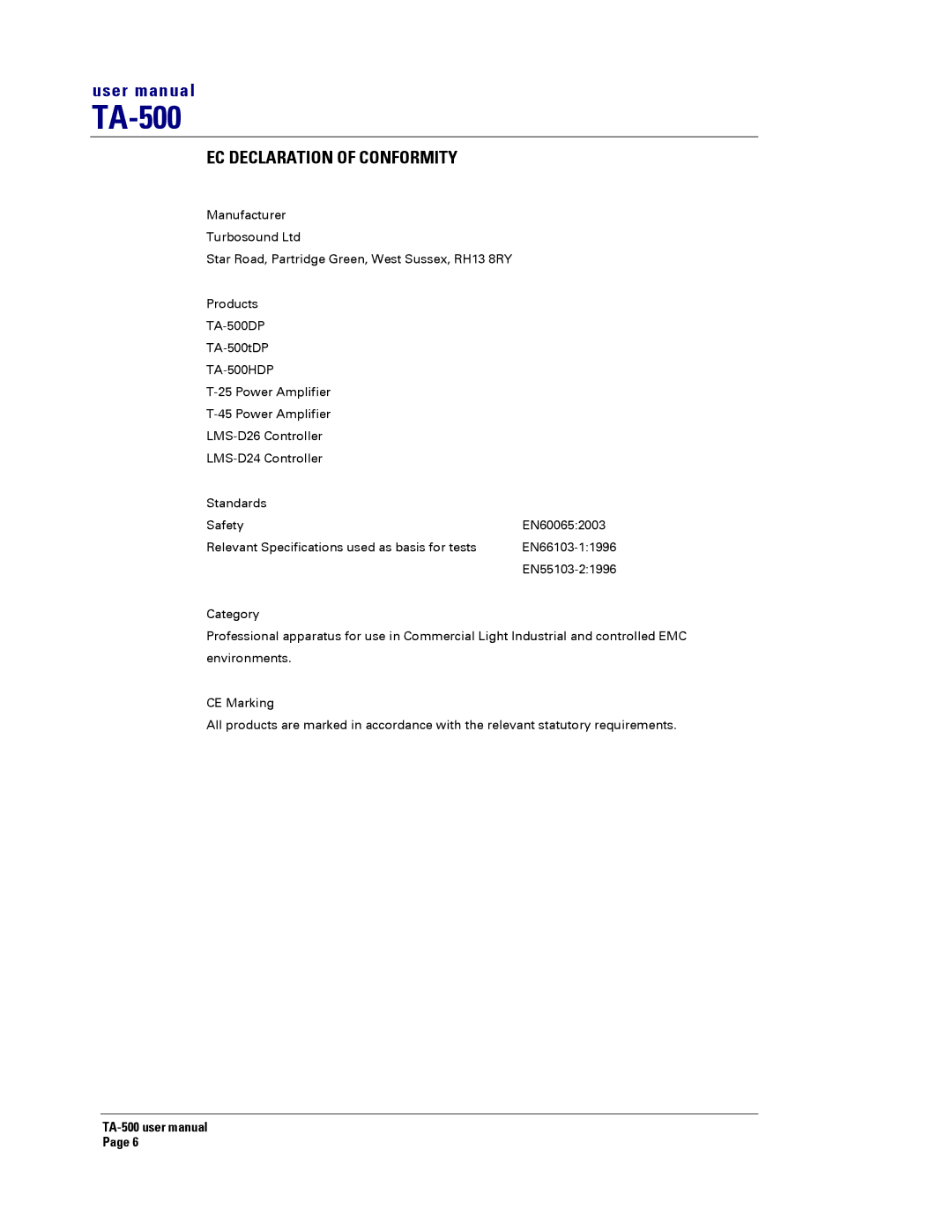 Turbosound TA-500HM, TA-500TDP, TA-500DP user manual EC Declaration of Conformity, TA-500HDP 