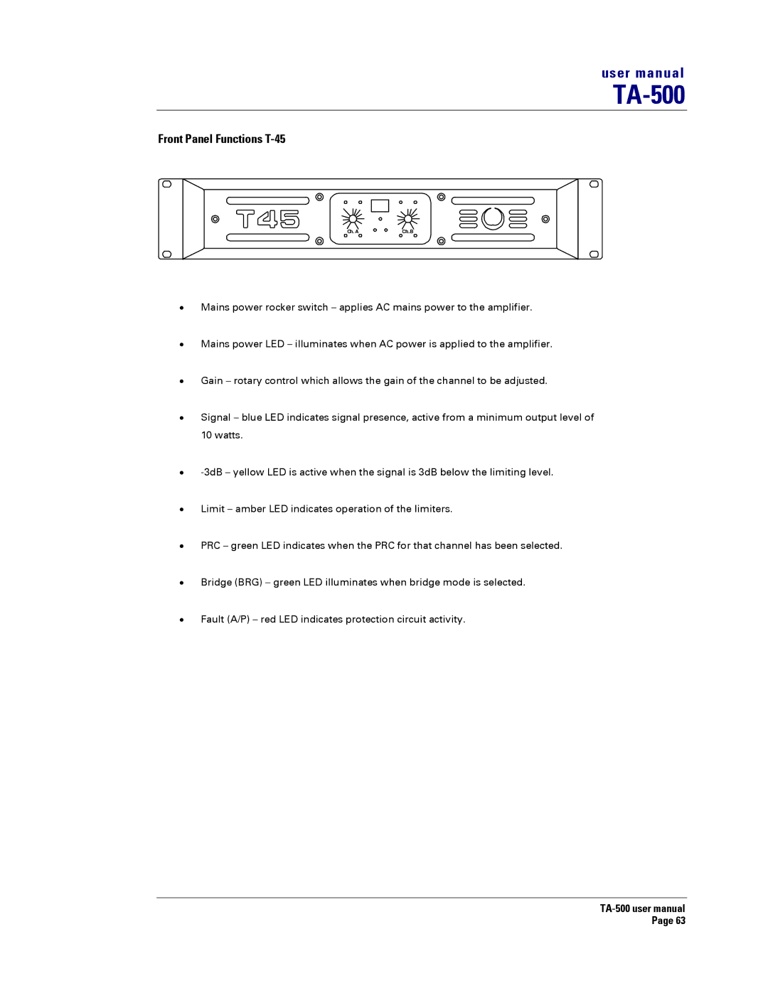 Turbosound TA-500TDP, TA-500HDP, TA-500DP, TA-500HM user manual Front Panel Functions T-45 