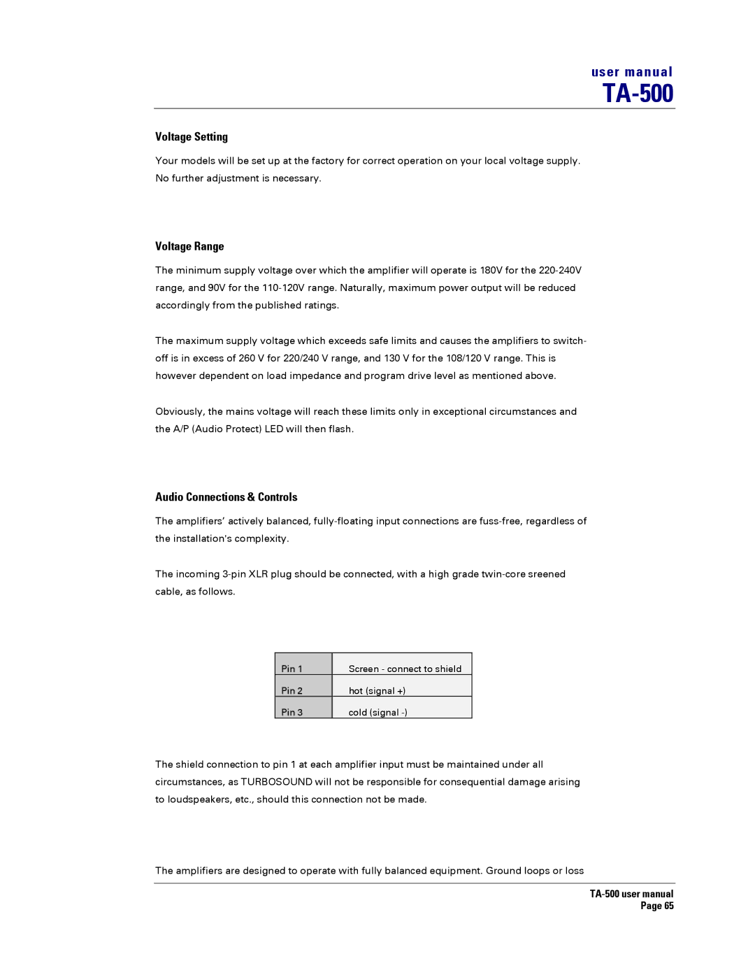 Turbosound TA-500HDP, TA-500TDP, TA-500DP, TA-500HM user manual Voltage Setting, Voltage Range, Audio Connections & Controls 