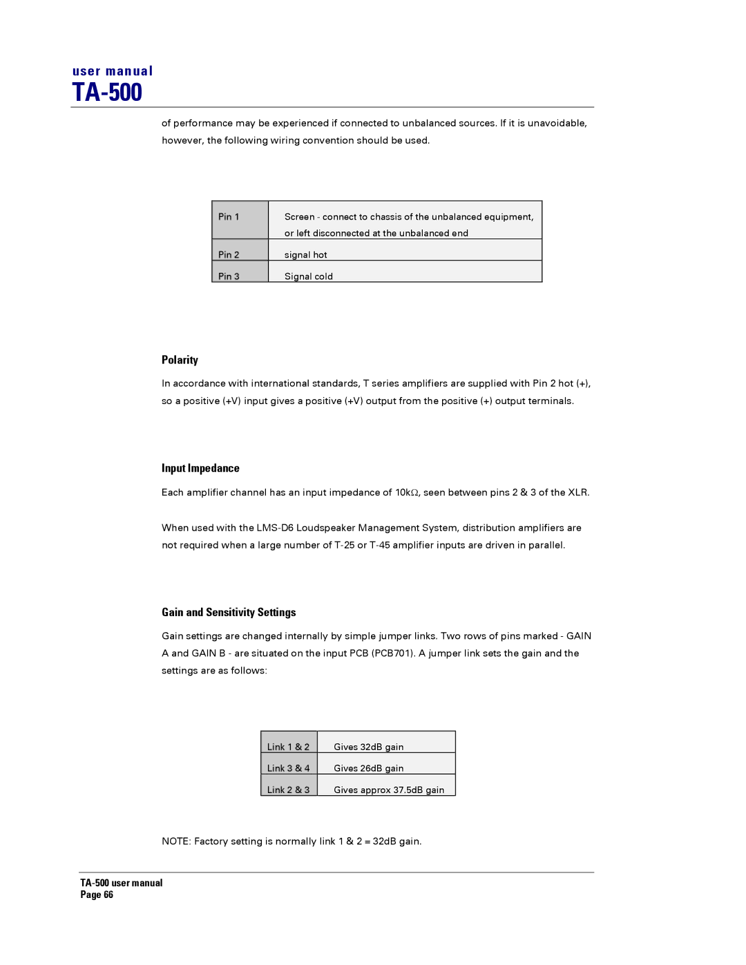 Turbosound TA-500TDP, TA-500HDP, TA-500DP, TA-500HM user manual Polarity, Input Impedance, Gain and Sensitivity Settings 