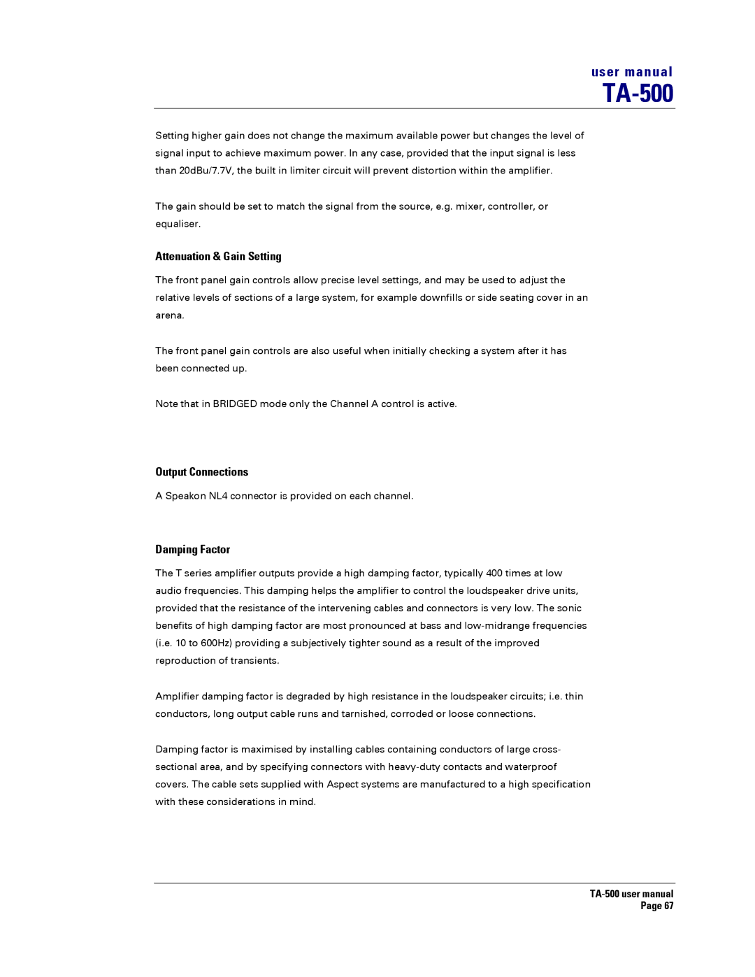 Turbosound TA-500TDP, TA-500HDP, TA-500DP, TA-500HM Attenuation & Gain Setting, Output Connections, Damping Factor 