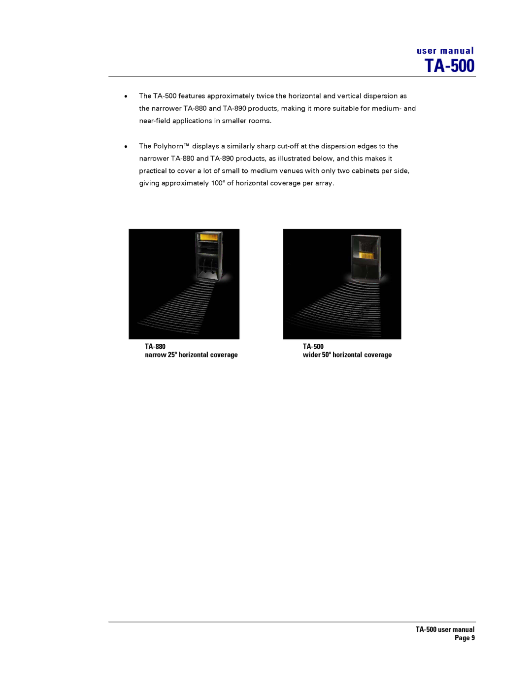 Turbosound TA-500HDP, TA-500TDP, TA-500DP, TA-500HM user manual TA-880 TA-500 Narrow 25º horizontal coverage 