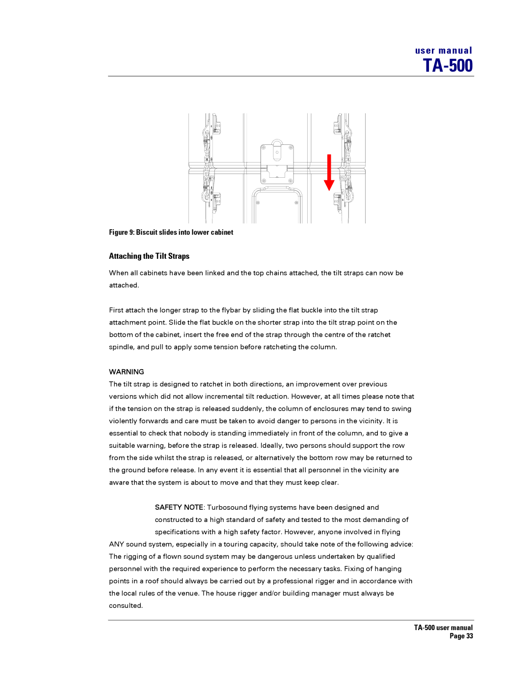 Turbosound TA-500DP, TA-500TDP, TA-500HDP, TA-500HM user manual Attaching the Tilt Straps, Biscuit slides into lower cabinet 