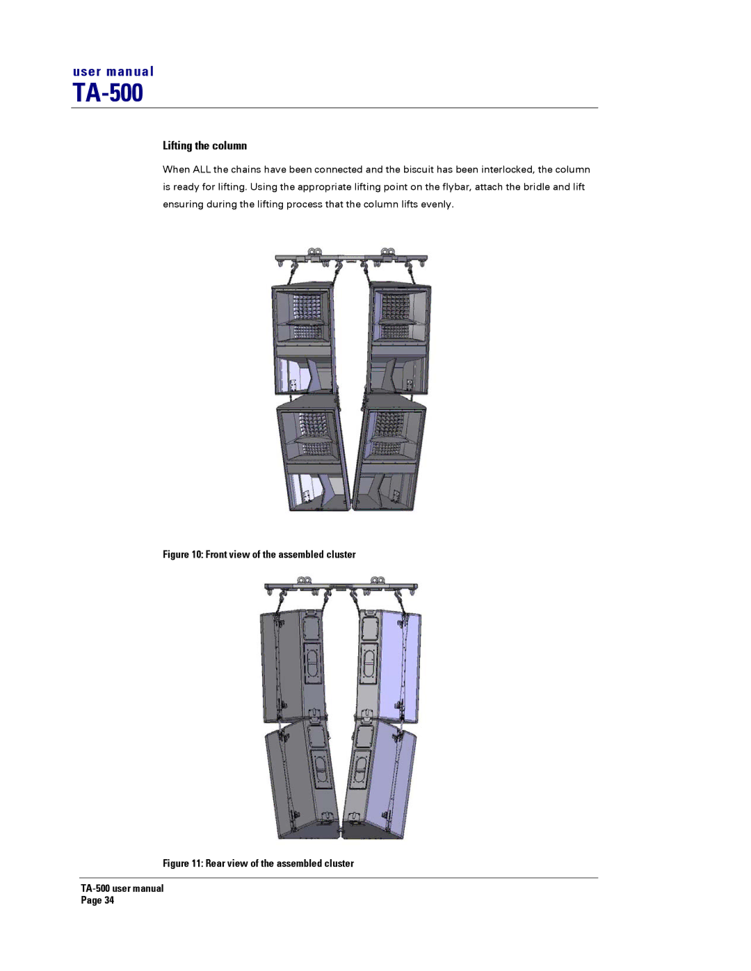 Turbosound TA-500HM, TA-500TDP, TA-500HDP, TA-500DP user manual Lifting the column, Front view of the assembled cluster 