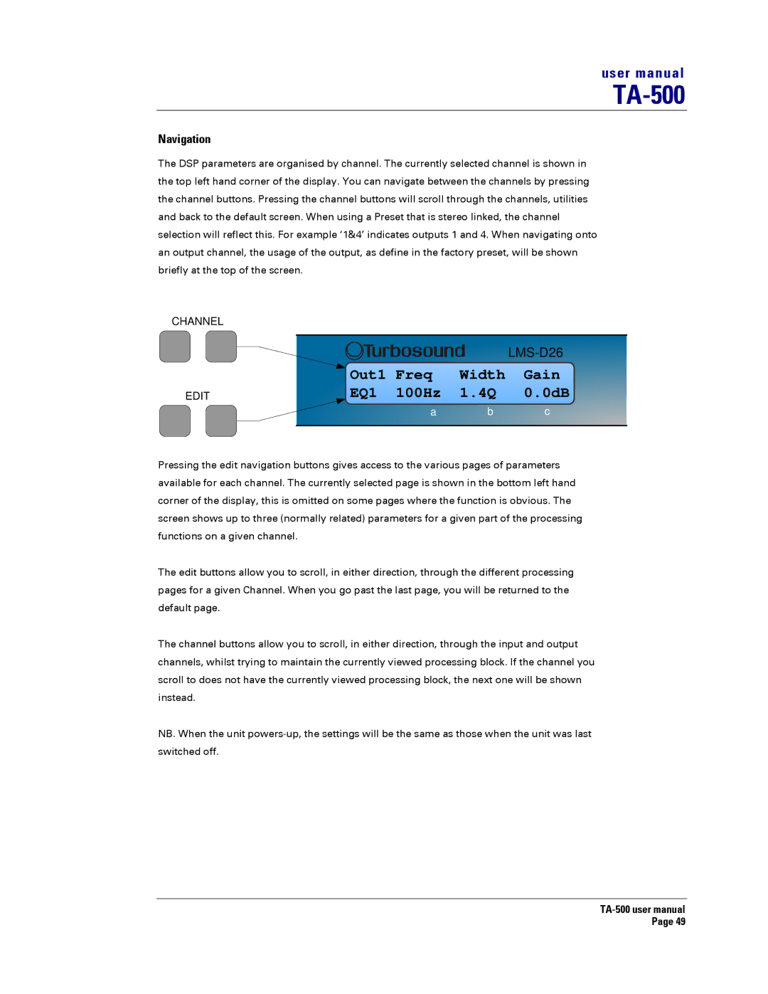 Turbosound TA-500TDP, TA-500HDP, TA-500DP, TA-500HM user manual Out1 Freq Width Gain EQ1 100Hz 1.4Q 0.0dB, Navigation 