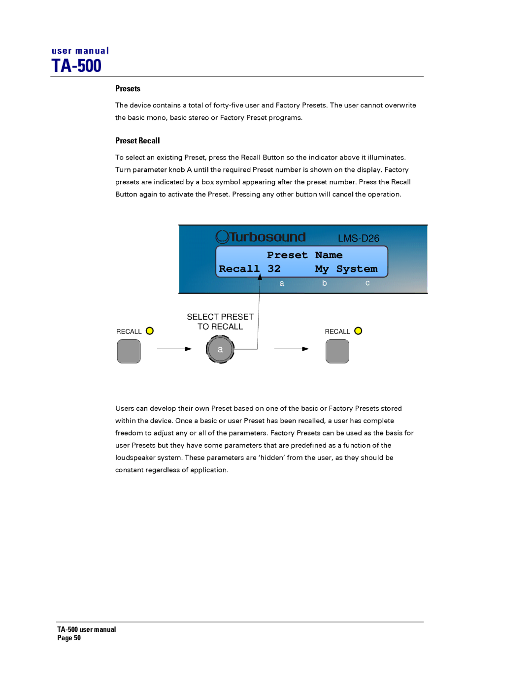 Turbosound TA-500TDP, TA-500HDP, TA-500DP, TA-500HM user manual Presets, Preset Recall 