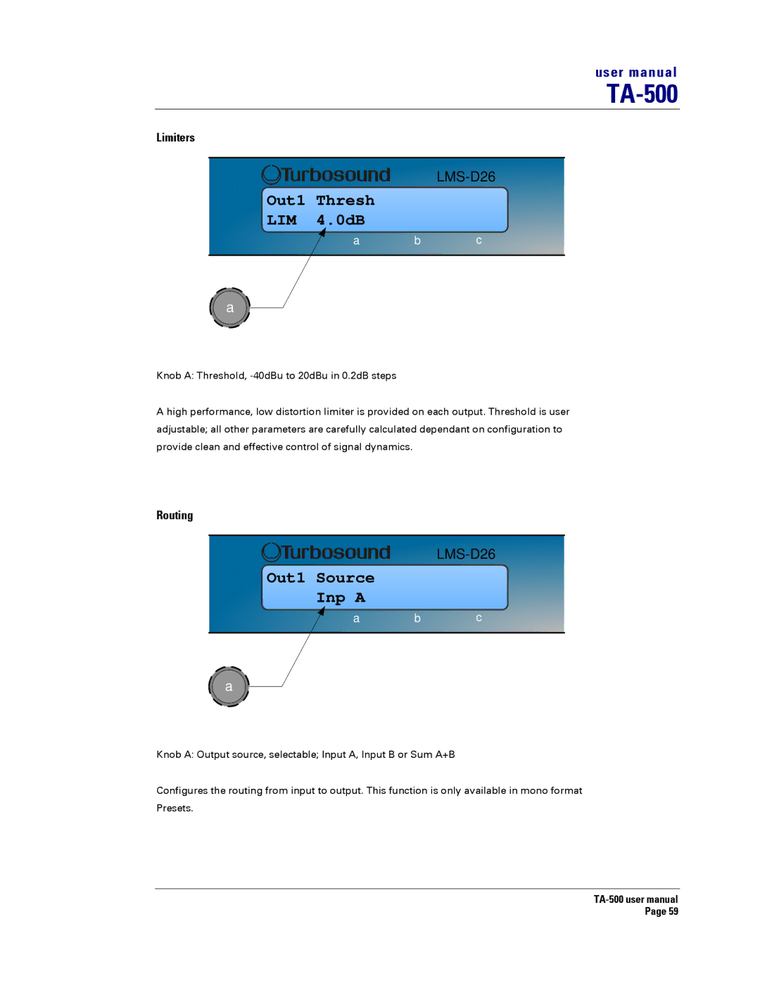 Turbosound TA-500TDP, TA-500HDP, TA-500DP, TA-500HM user manual Limiters, Routing 