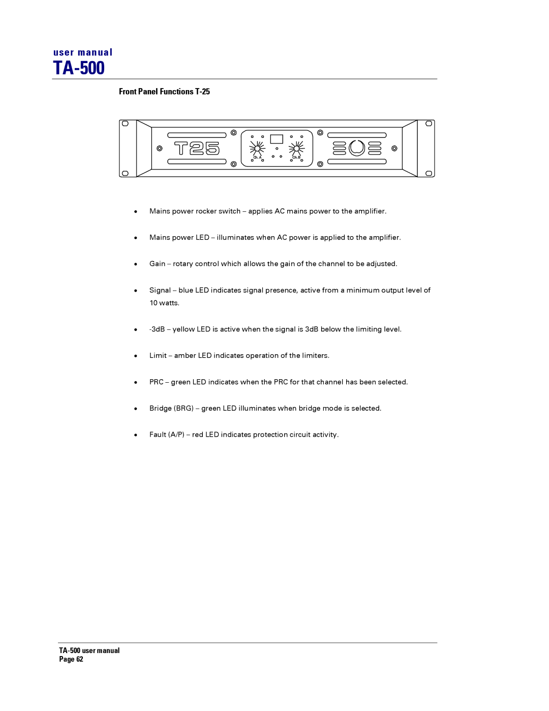 Turbosound TA-500HM, TA-500TDP, TA-500HDP, TA-500DP user manual Front Panel Functions T-25 