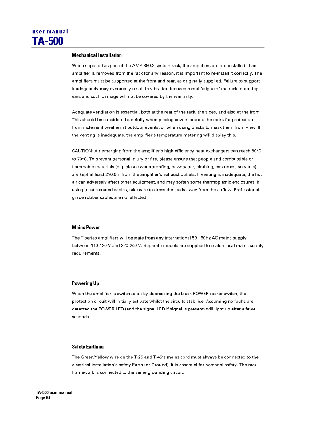 Turbosound TA-500TDP, TA-500HDP, TA-500DP, TA-500HM user manual Mains Power, Powering Up, Safety Earthing 