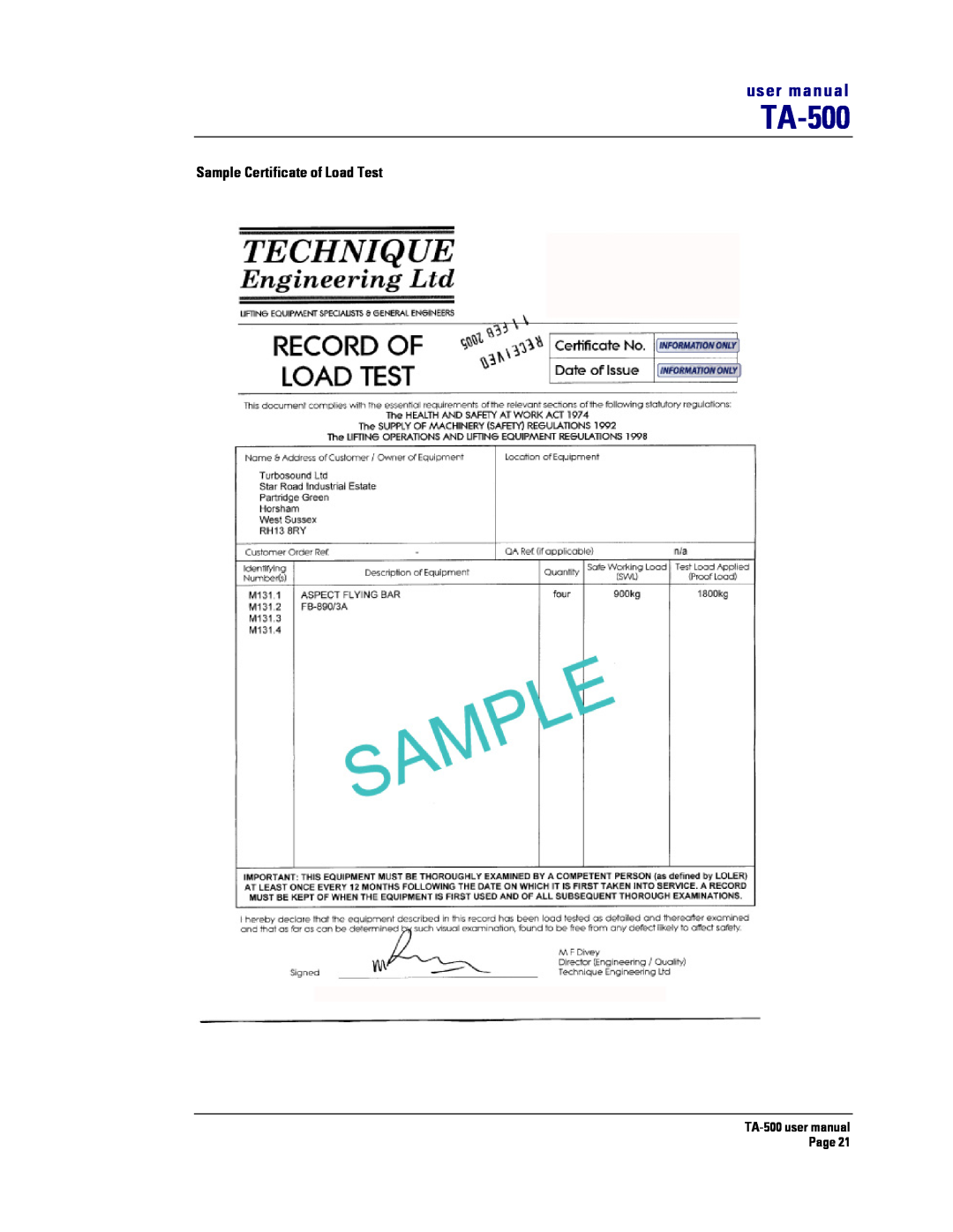 Turbosound TA-500TDP, TA-500HDP, TA-500DP, TA-500HM user manual Sample Certificate of Load Test 