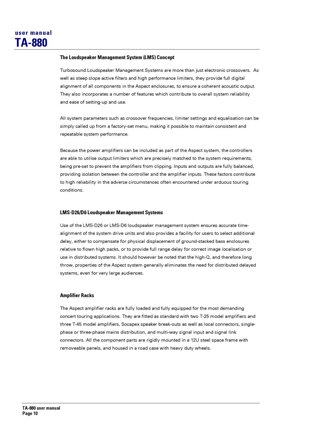 Turbosound TA-880 Loudspeaker Management System LMS Concept, LMS-D26/D6 Loudspeaker Management Systems, Amplifier Racks 