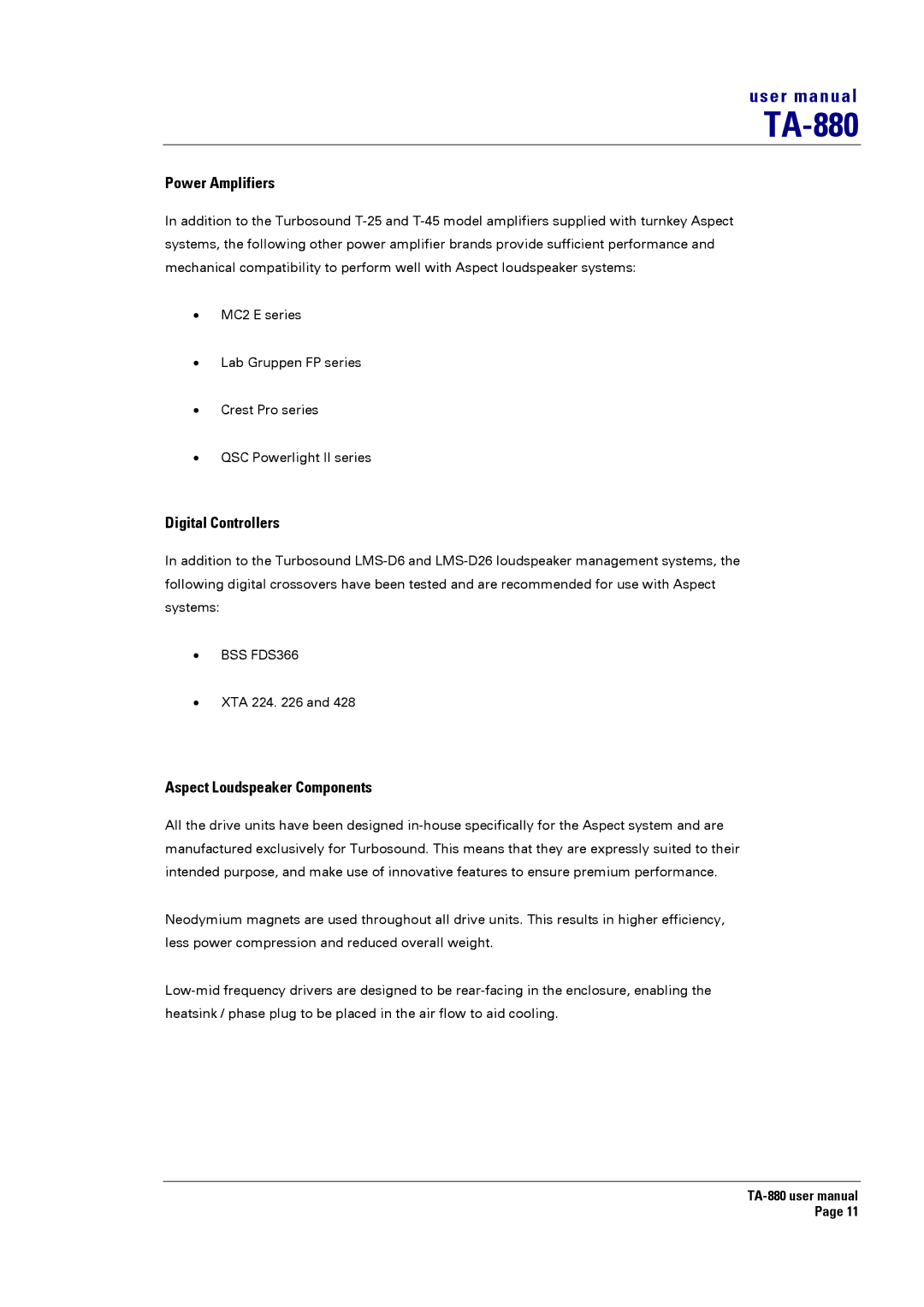 Turbosound TA-880 user manual Power Amplifiers, Digital Controllers, Aspect Loudspeaker Components 