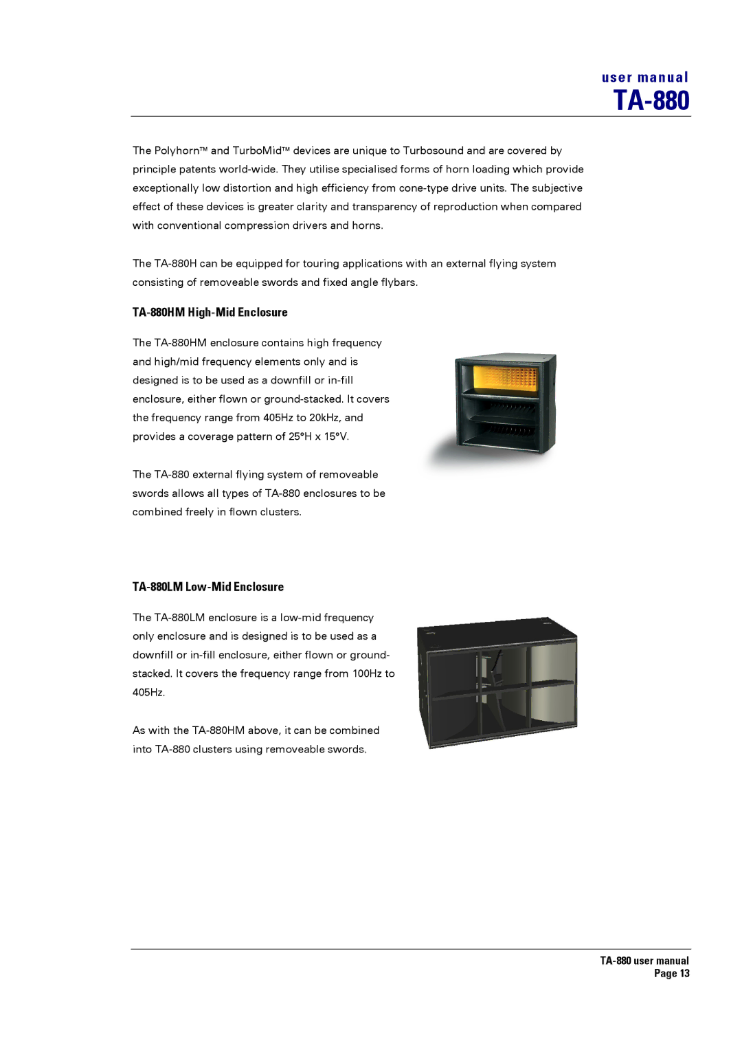 Turbosound user manual TA-880HM High-Mid Enclosure, TA-880LM Low-Mid Enclosure 