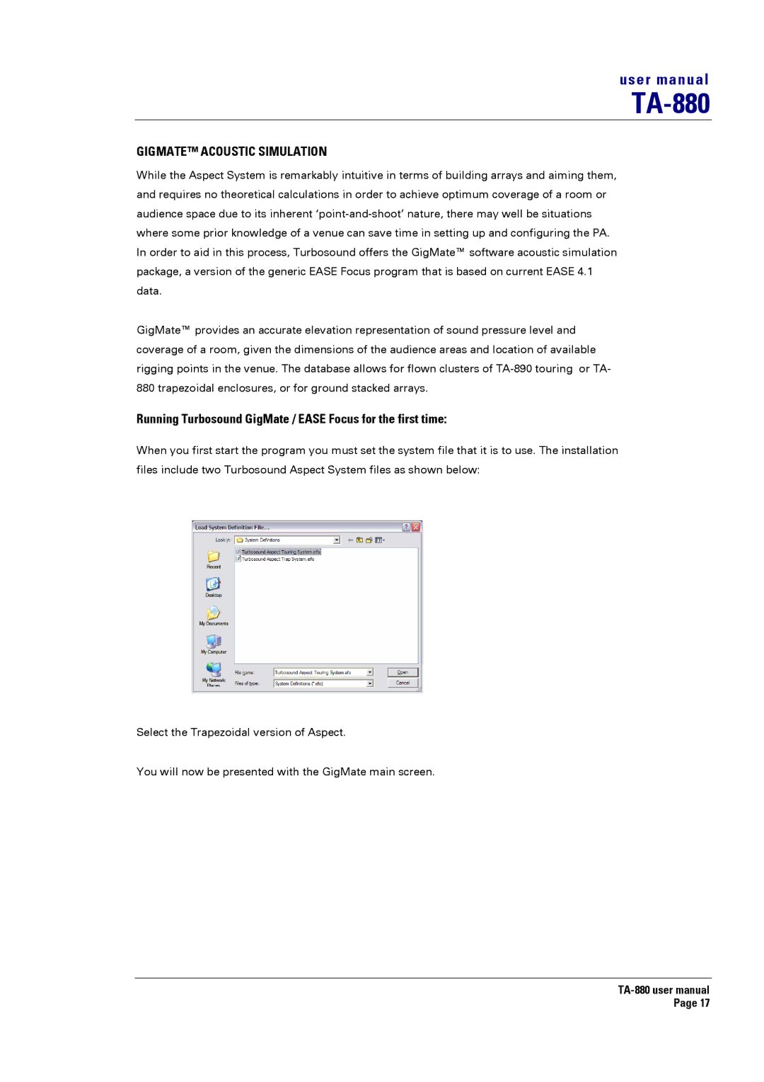 Turbosound TA-880 user manual Gigmate Acoustic Simulation, Running Turbosound GigMate / Ease Focus for the first time 