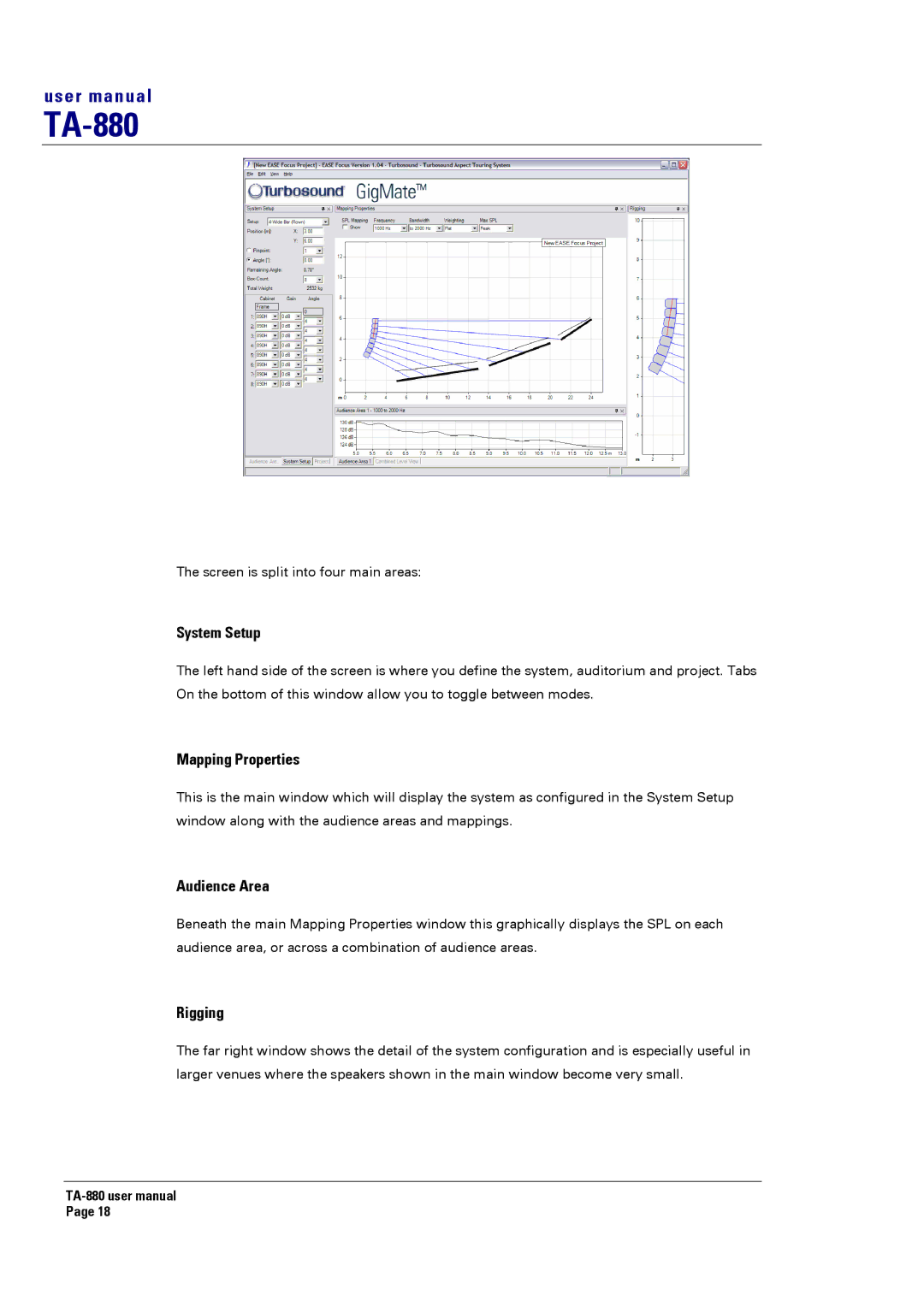 Turbosound TA-880 user manual System Setup, Mapping Properties, Audience Area, Rigging 