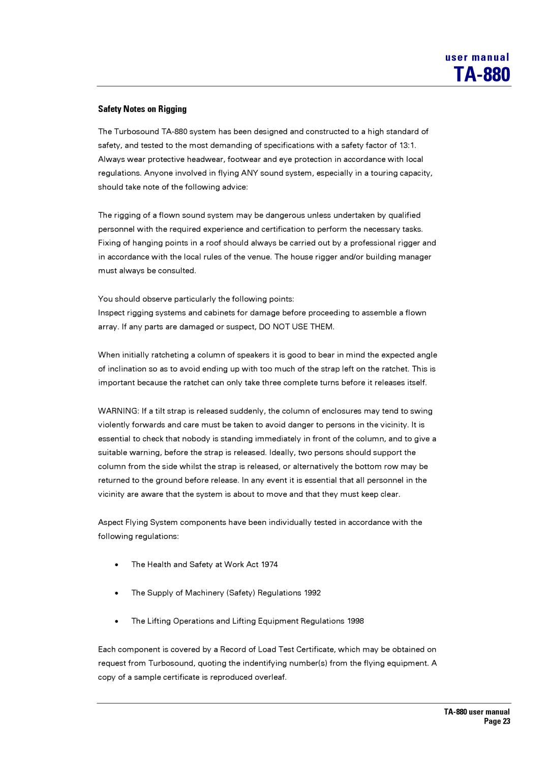 Turbosound TA-880 user manual Safety Notes on Rigging 