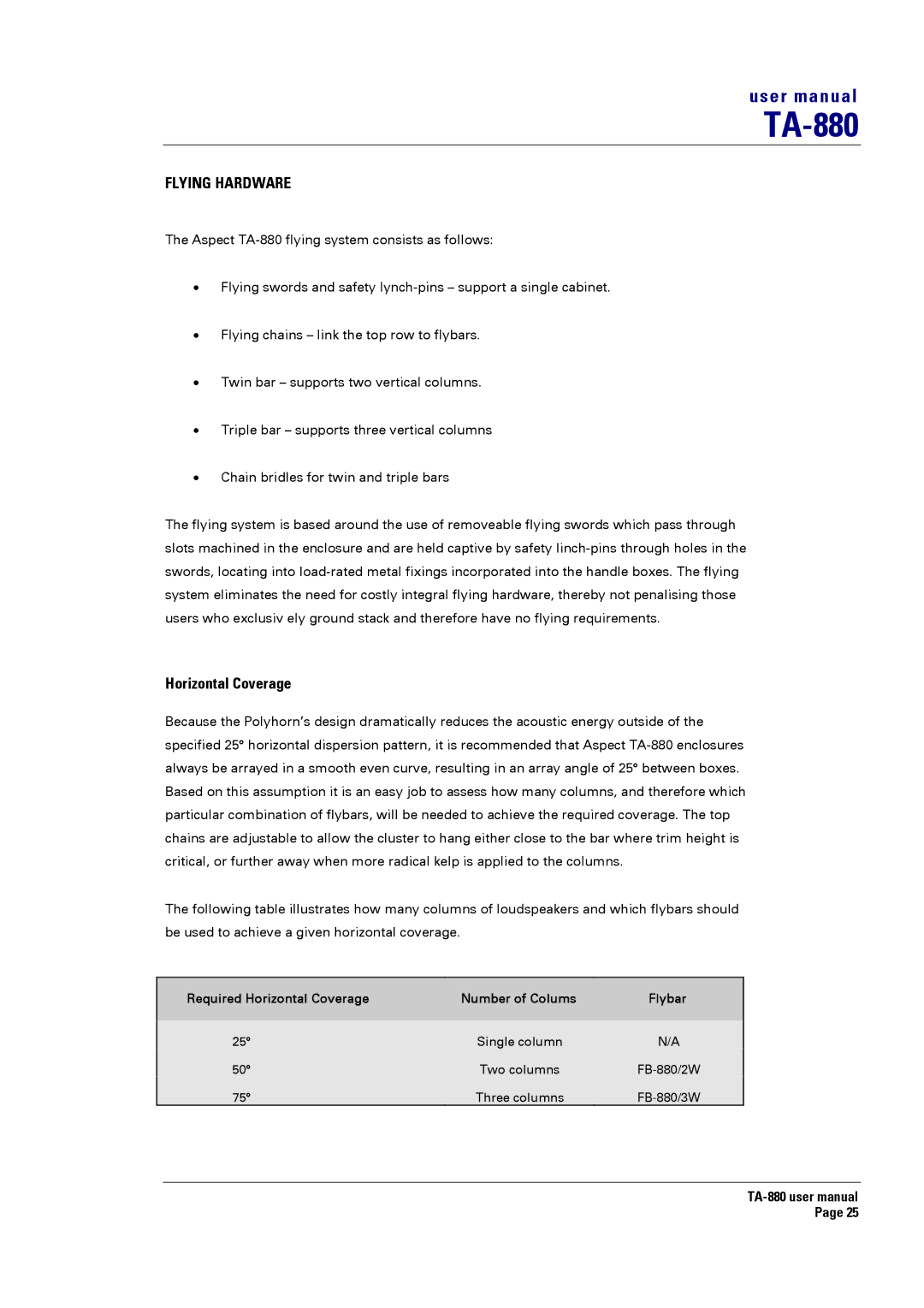 Turbosound TA-880 user manual Flying Hardware, Horizontal Coverage 