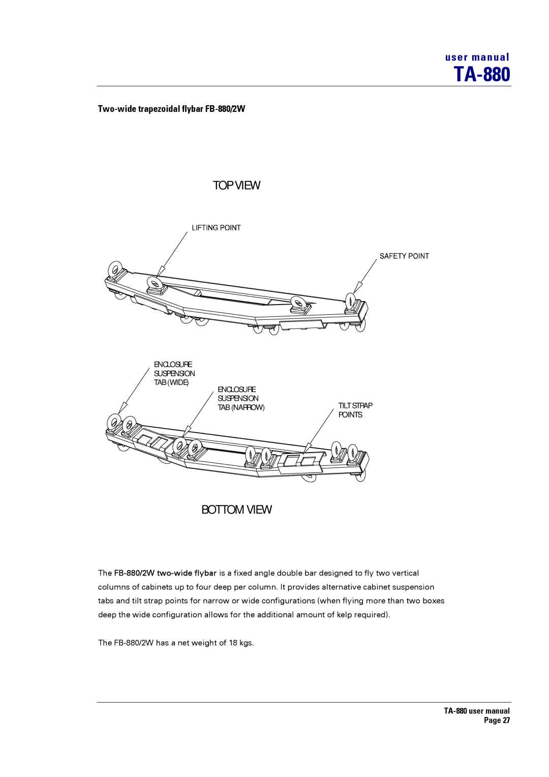 Turbosound TA-880 user manual Bottom View, Two-wide trapezoidal flybar FB-880/2W 