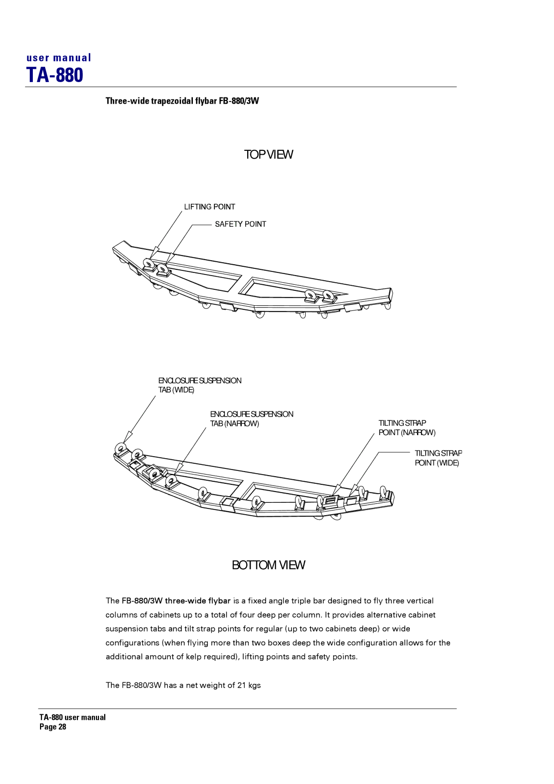 Turbosound TA-880 user manual Three-wide trapezoidal flybar FB-880/3W 