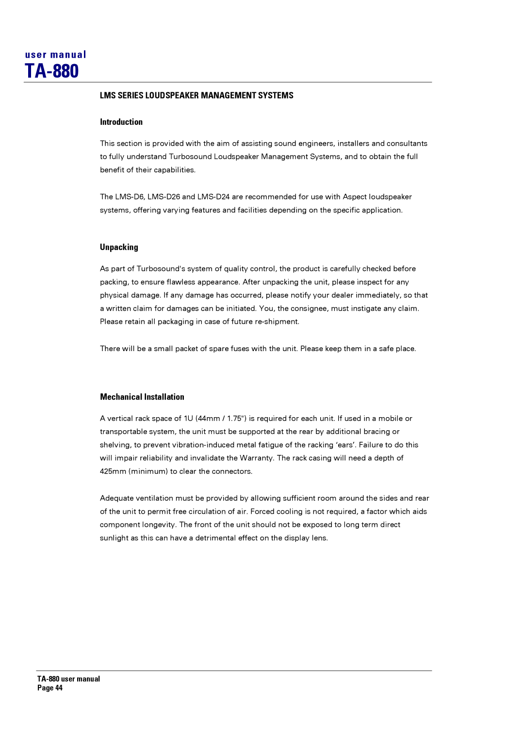 Turbosound TA-880 user manual LMS Series Loudspeaker Management Systems, Introduction, Unpacking, Mechanical Installation 