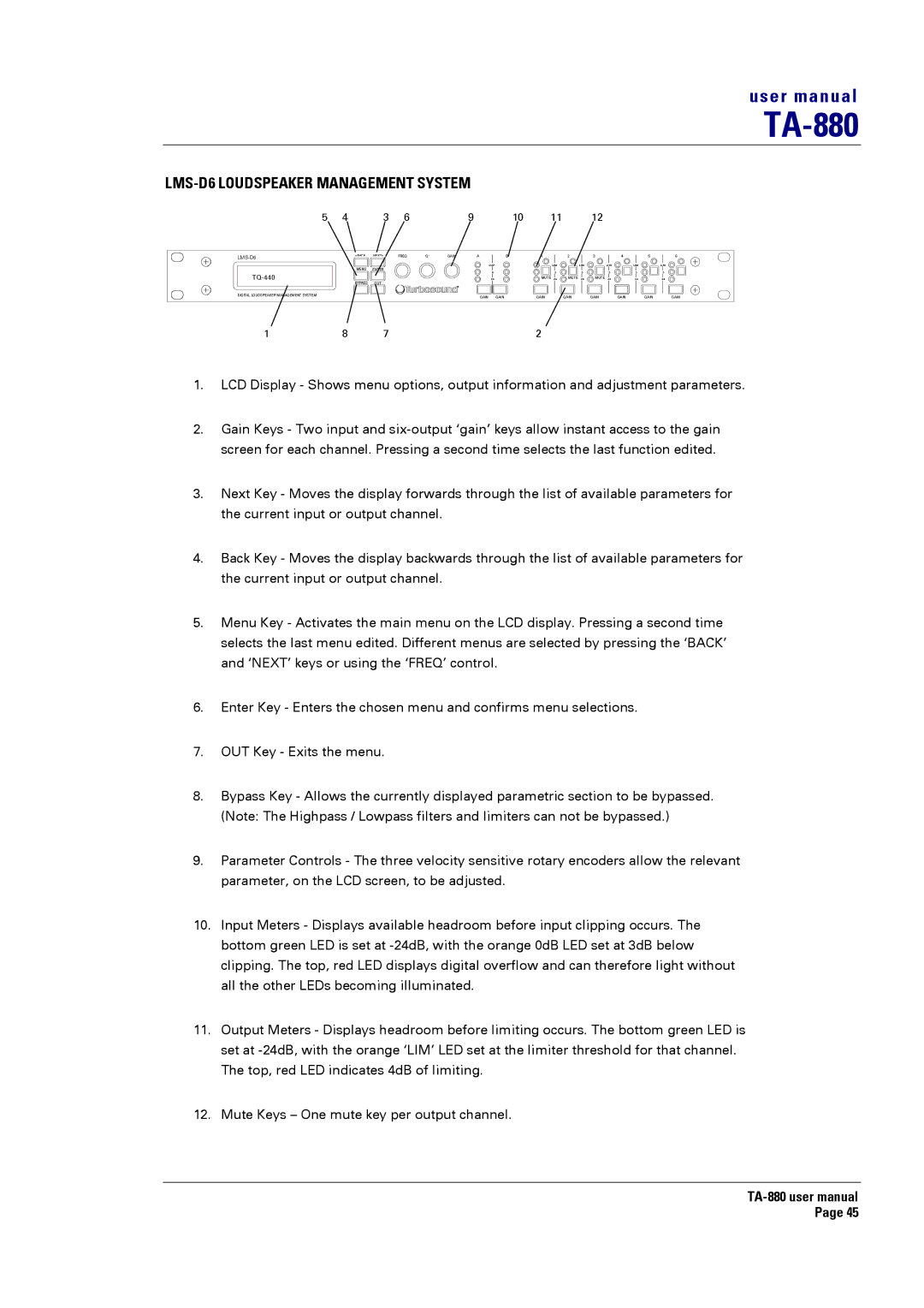 Turbosound TA-880 user manual LMS-D6 Loudspeaker Management System 