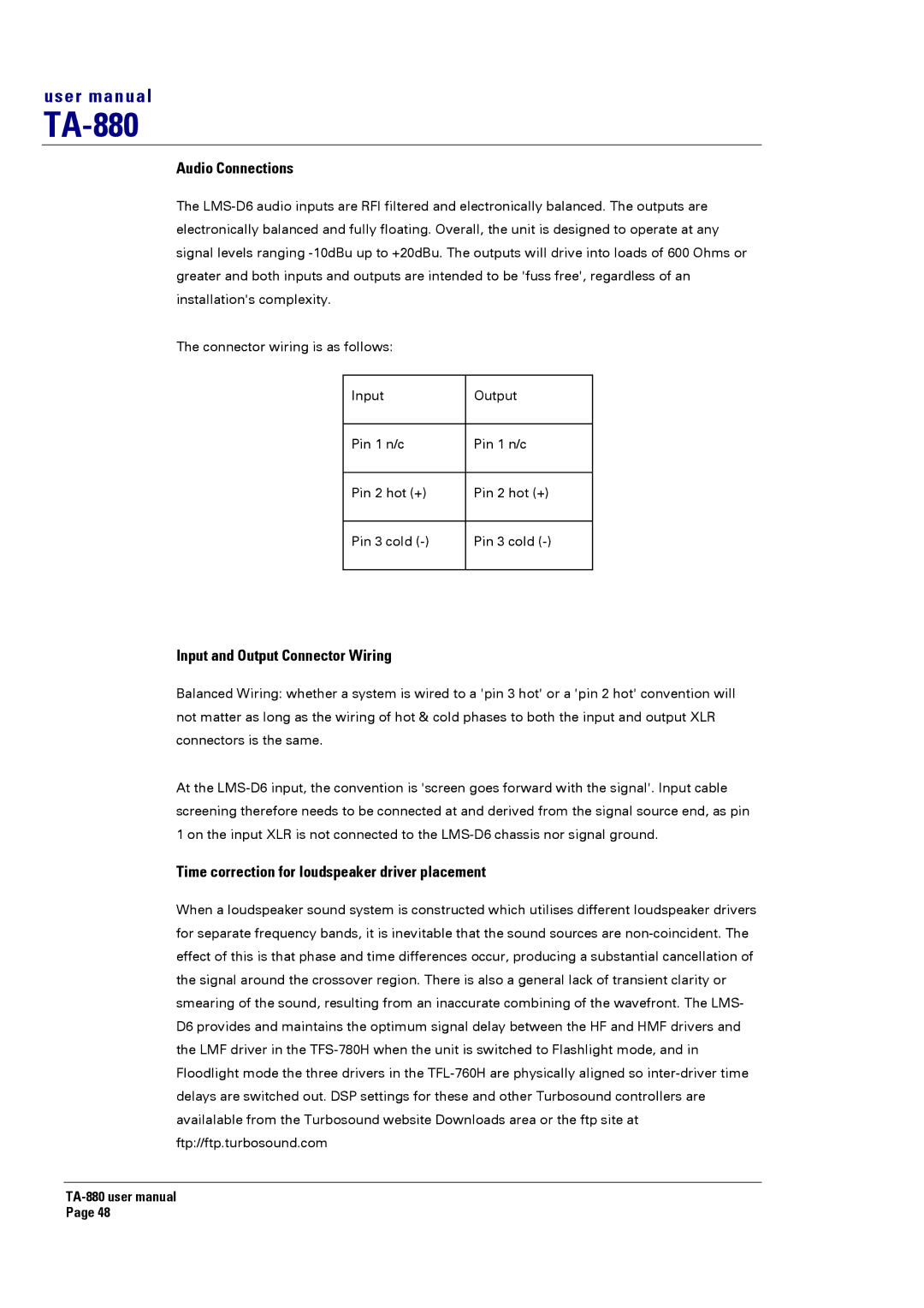 Turbosound TA-880 Audio Connections, Input and Output Connector Wiring, Time correction for loudspeaker driver placement 