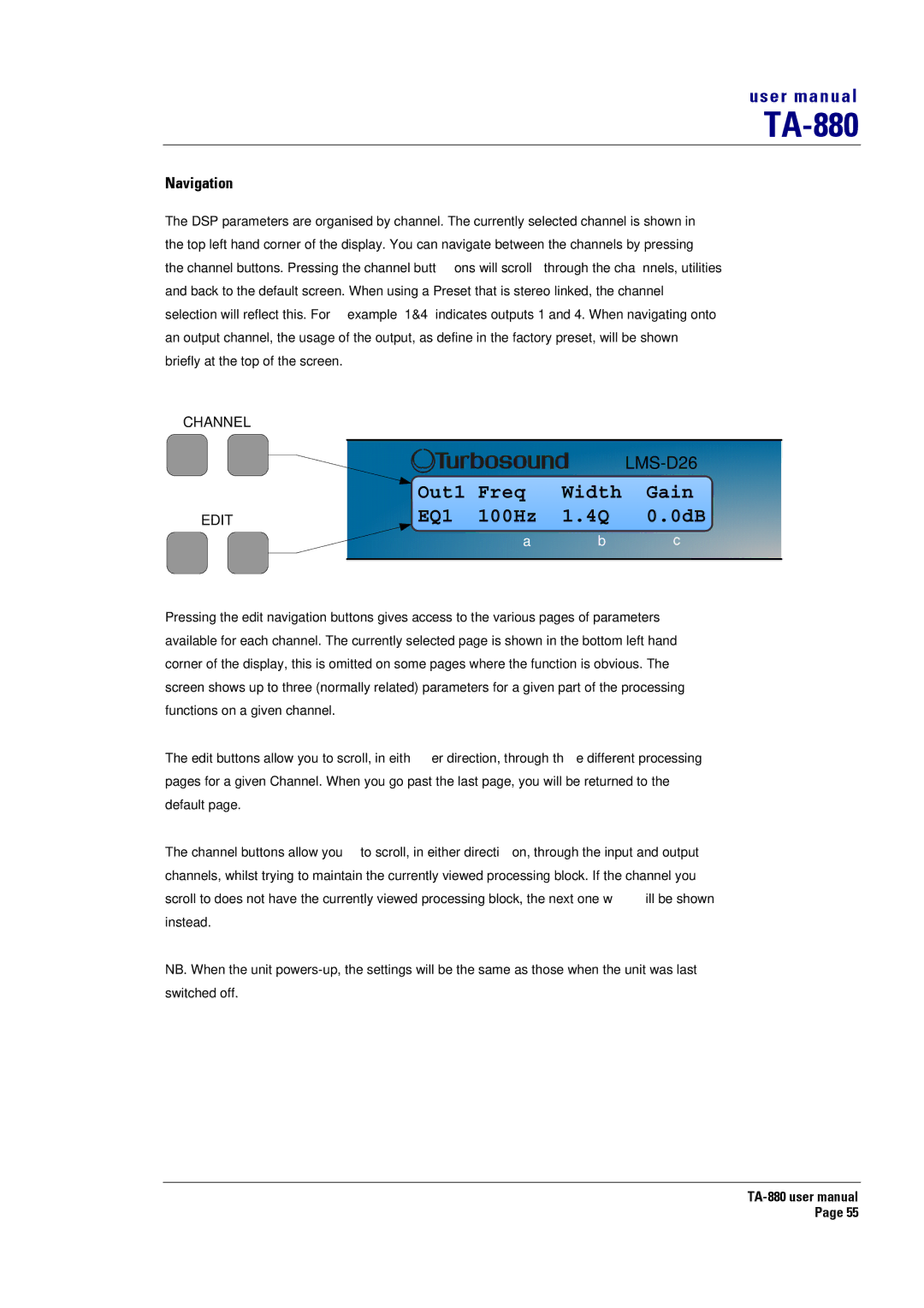 Turbosound TA-880 user manual Out1 Freq Width Gain EQ1 100Hz 1.4Q 0.0dB, Navigation 