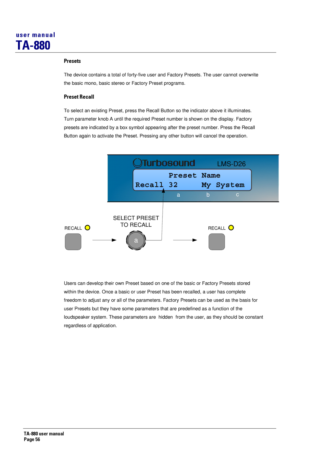 Turbosound TA-880 user manual Presets, Preset Recall 