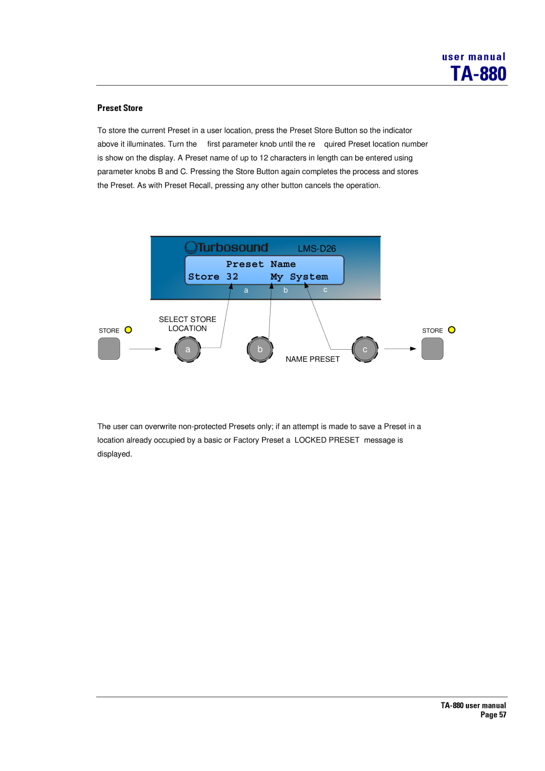 Turbosound TA-880 user manual Preset Name Store My System, Preset Store 