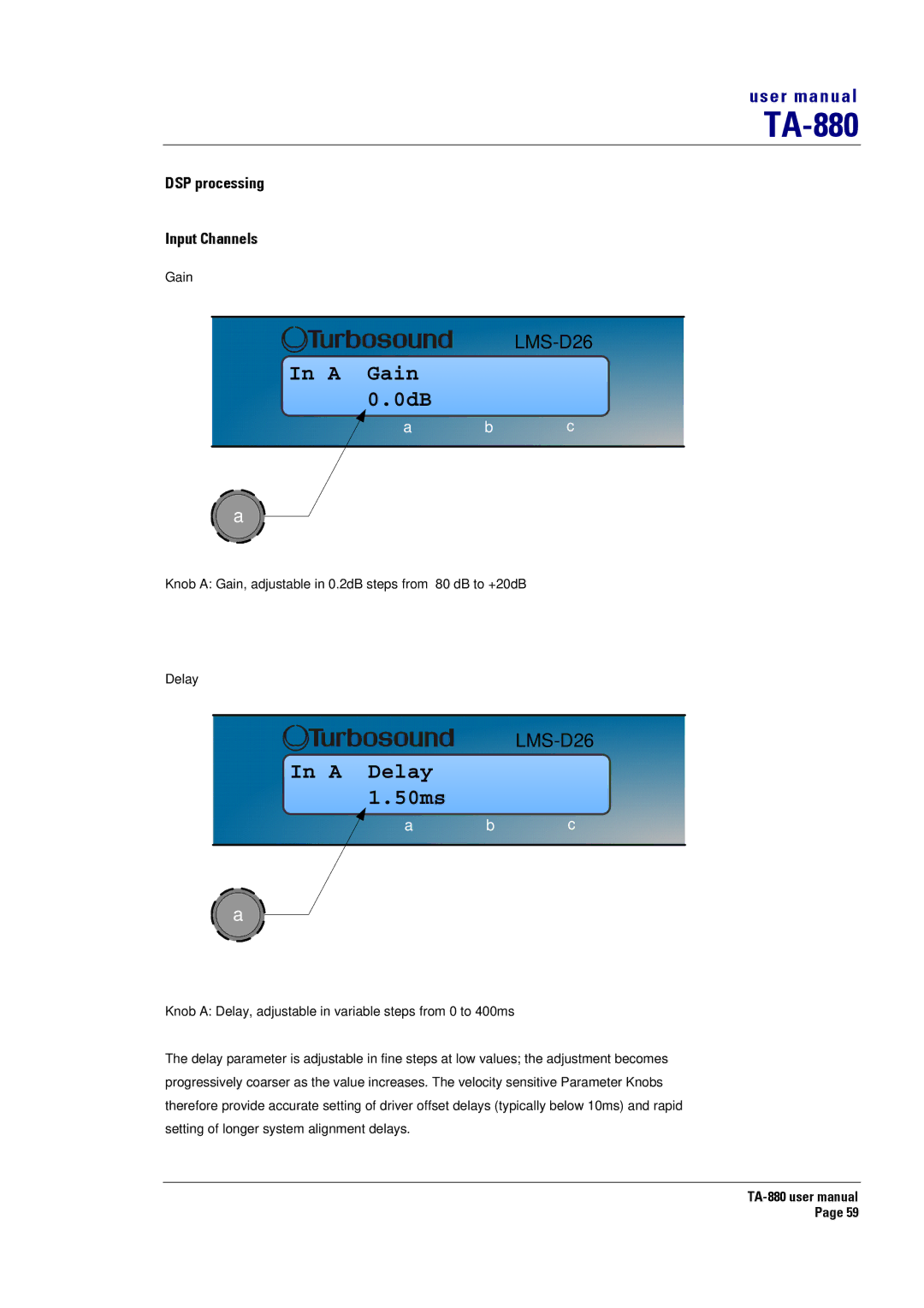 Turbosound TA-880 user manual A Delay 1.50ms, DSP processing Input Channels 