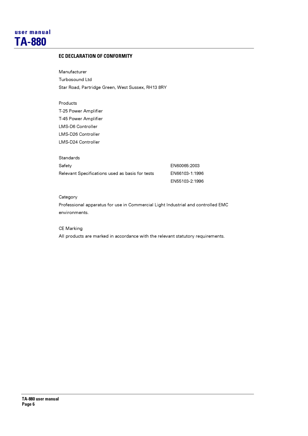 Turbosound TA-880 user manual EC Declaration of Conformity 