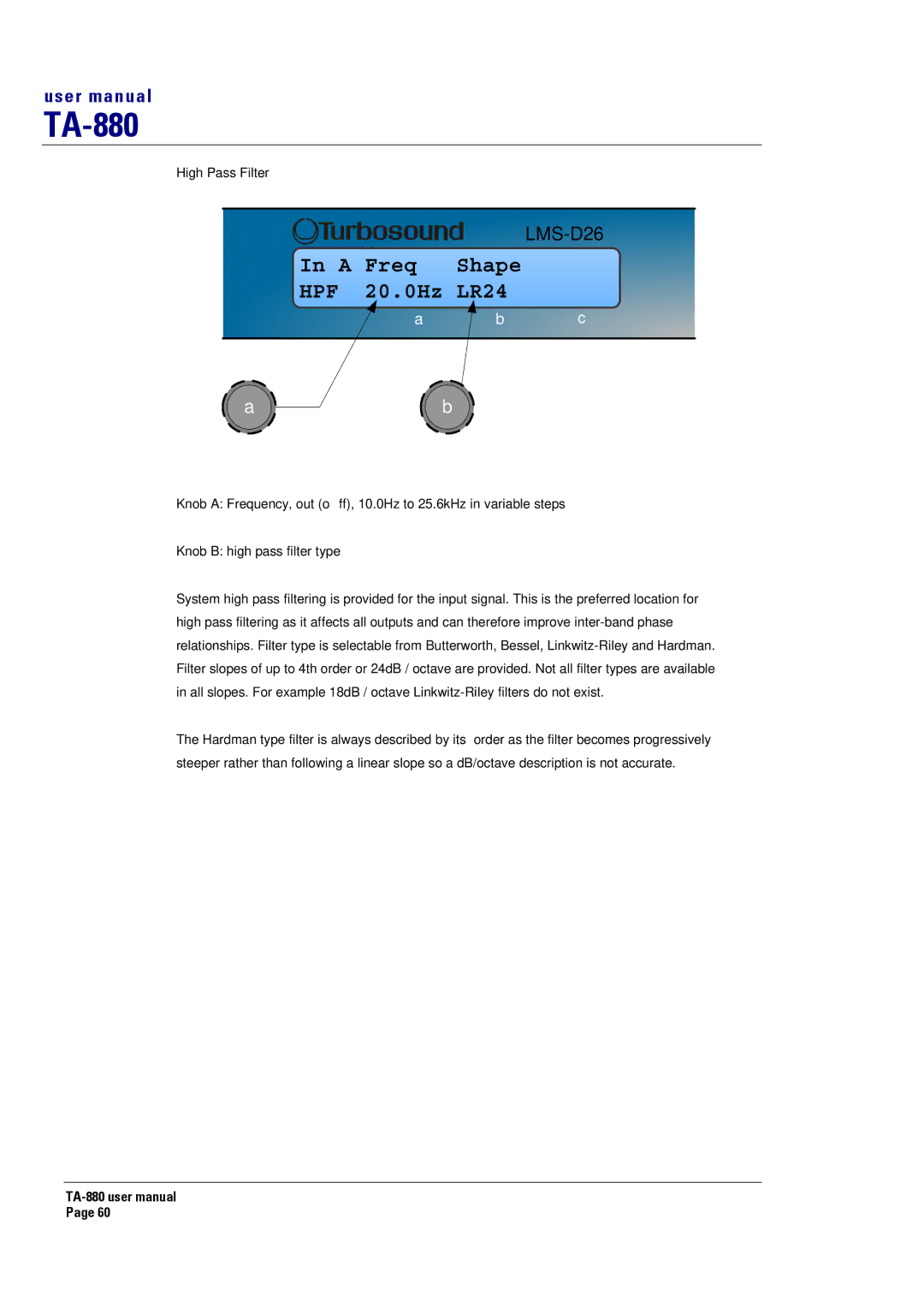 Turbosound TA-880 user manual A Freq Shape HPF 20.0Hz LR24 