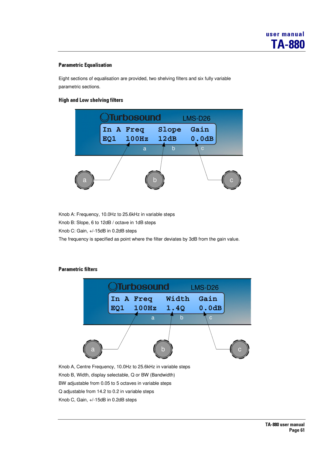 Turbosound TA-880 user manual Parametric Equalisation, High and Low shelving filters, Parametric filters 