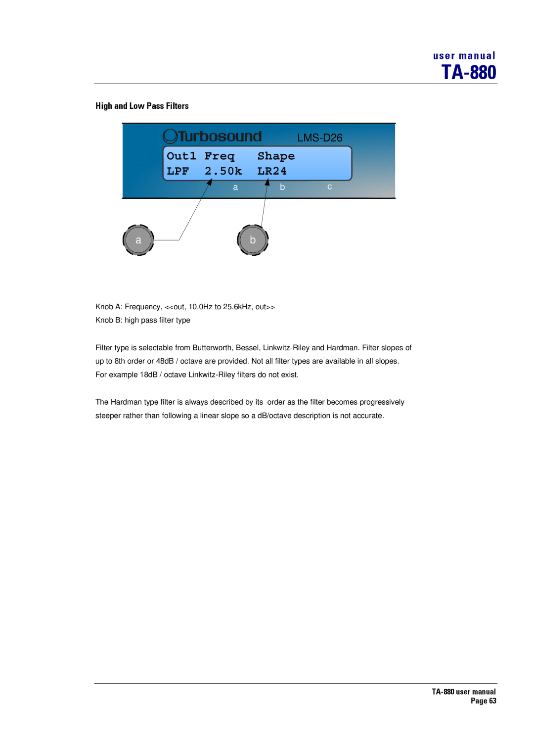 Turbosound TA-880 user manual Out1 Freq Shape LPF 2.50k LR24, High and Low Pass Filters 