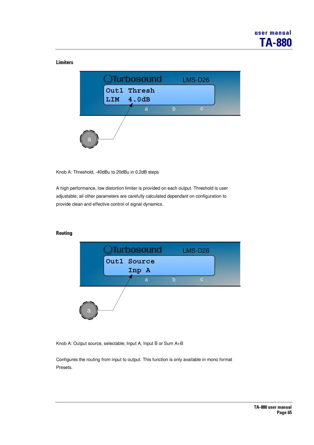 Turbosound TA-880 user manual Limiters, Routing 