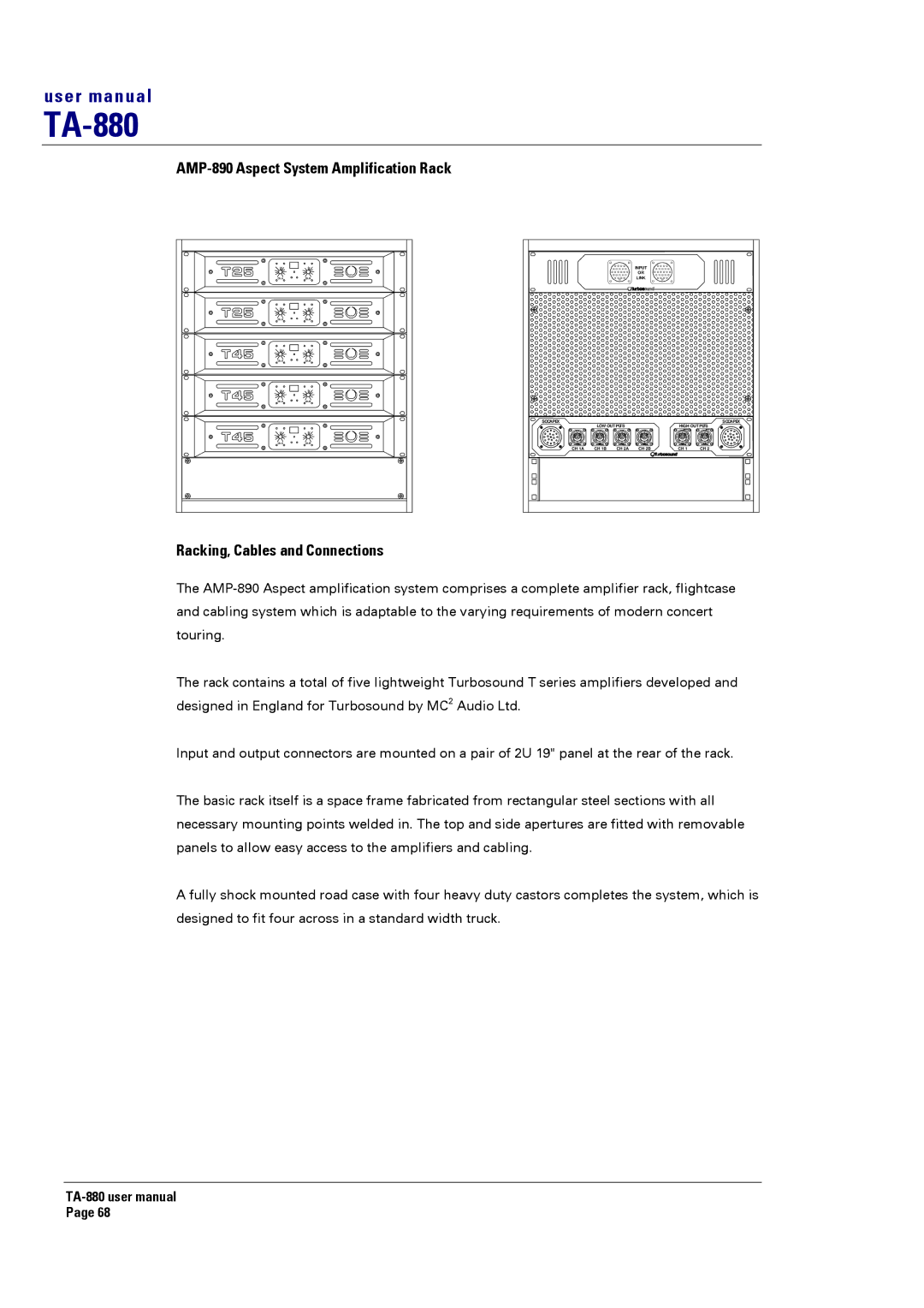 Turbosound TA-880 user manual AMP-890 Aspect System Amplification Rack, Racking, Cables and Connections 