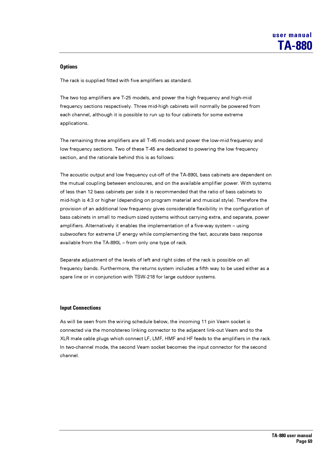 Turbosound TA-880 user manual Options, Input Connections 